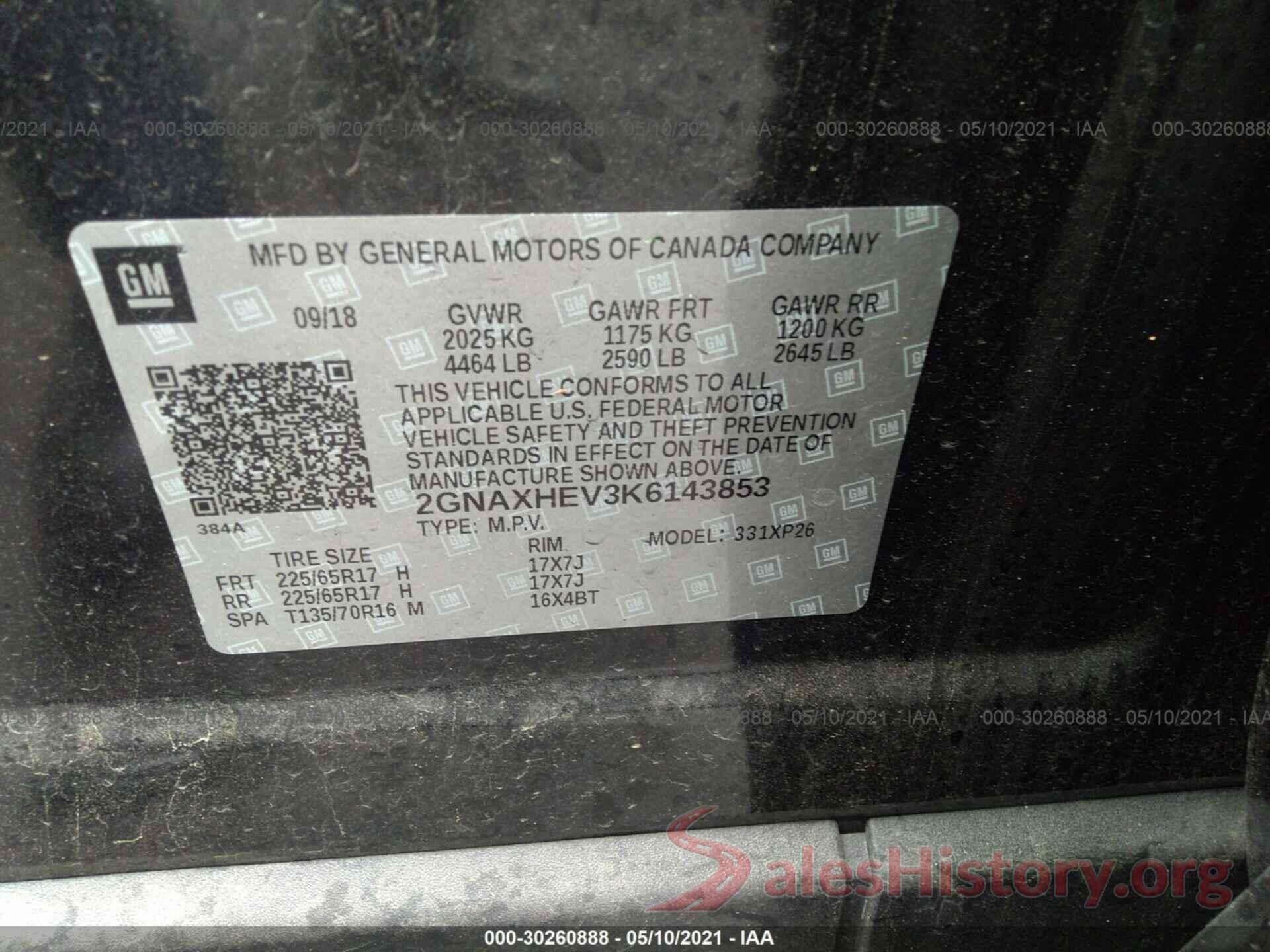 2GNAXHEV3K6143853 2019 CHEVROLET EQUINOX