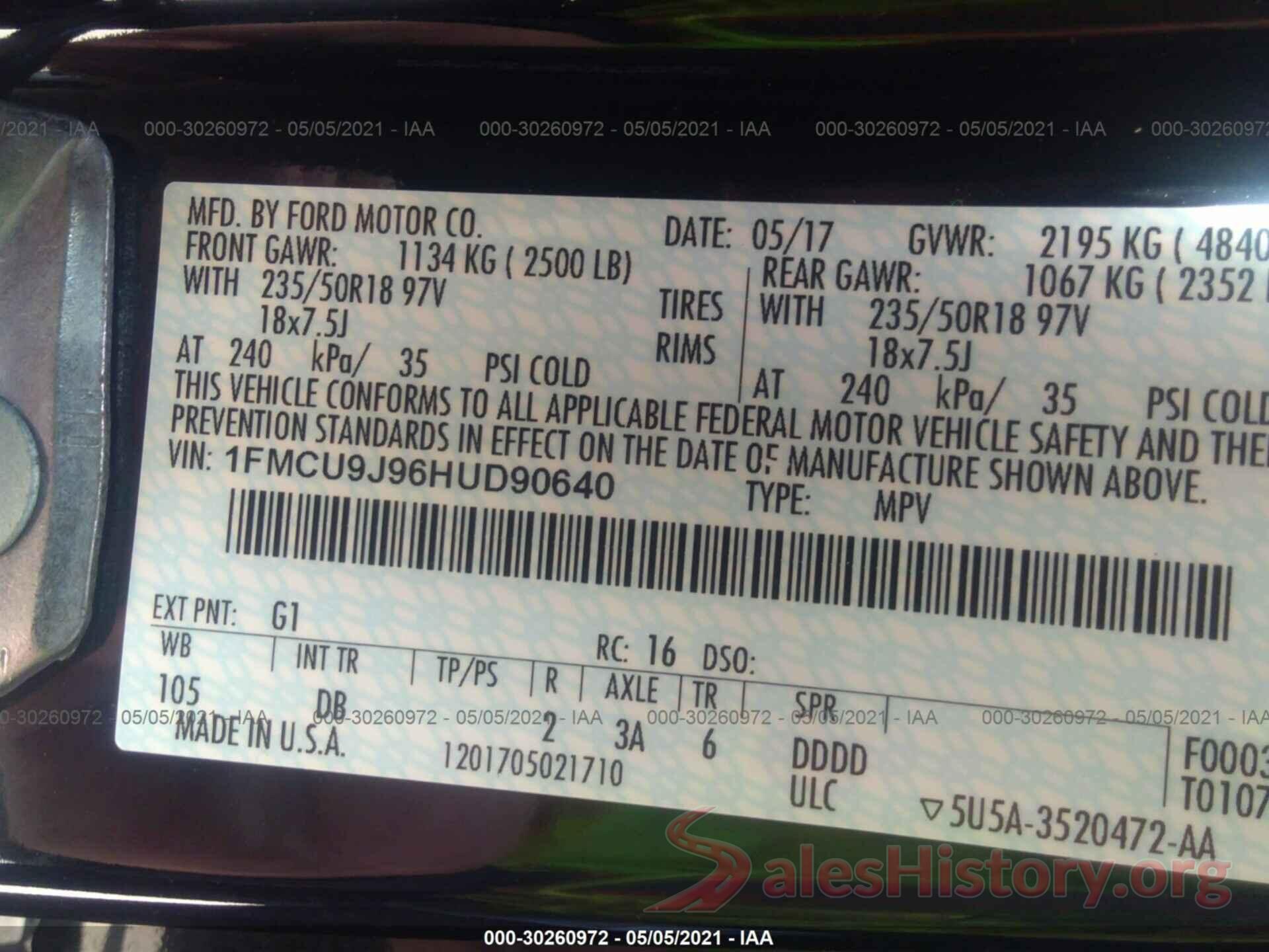 1FMCU9J96HUD90640 2017 FORD ESCAPE