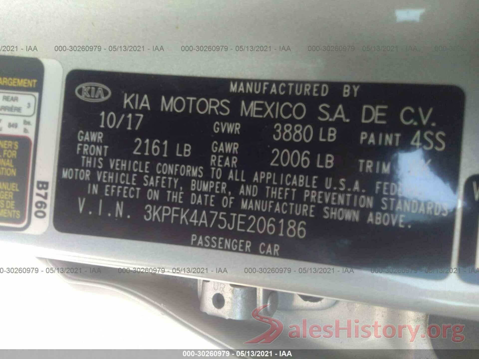 3KPFK4A75JE206186 2018 KIA FORTE