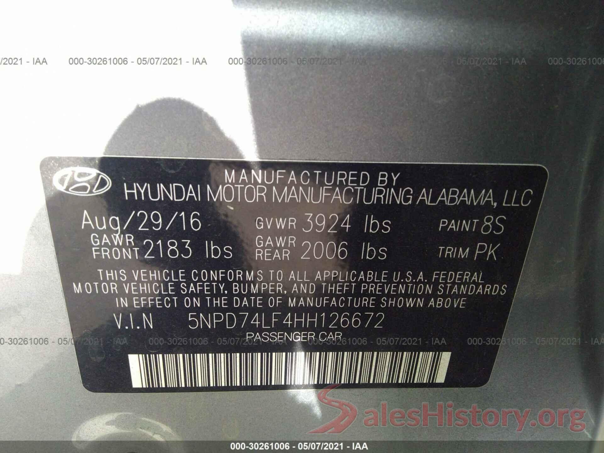 5NPD74LF4HH126672 2017 HYUNDAI ELANTRA