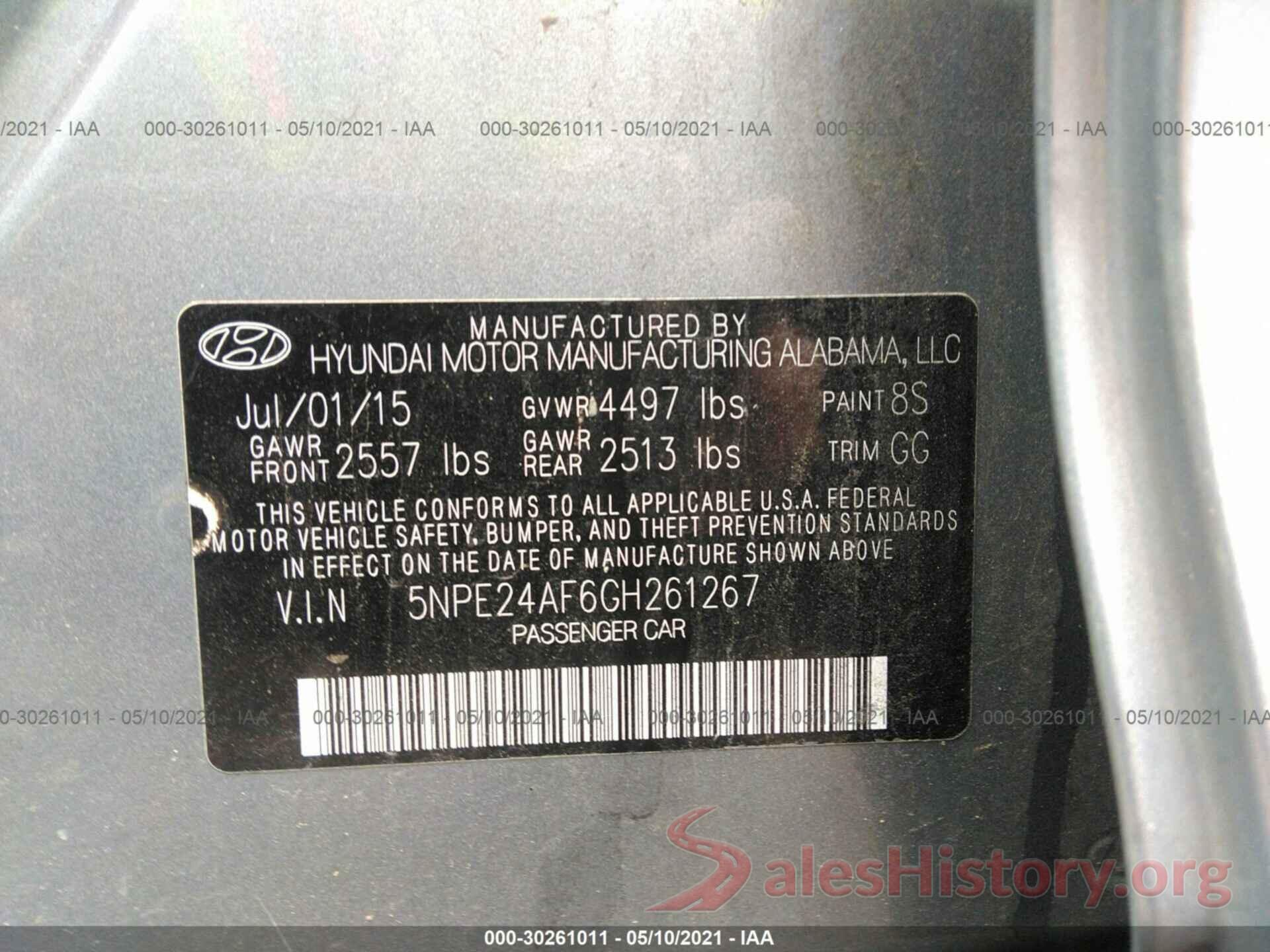 5NPE24AF6GH261267 2016 HYUNDAI SONATA