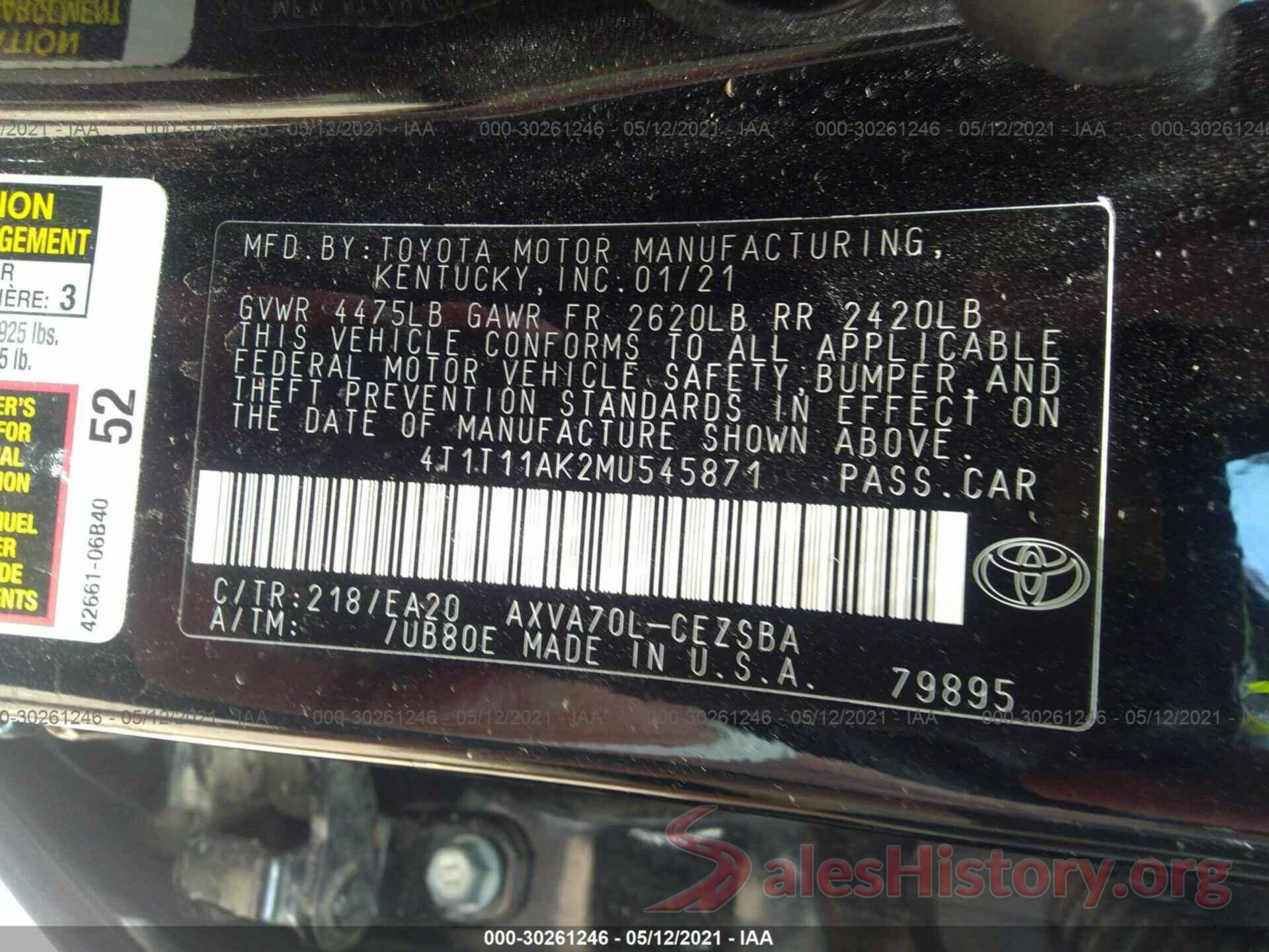 4T1T11AK2MU545871 2021 TOYOTA CAMRY