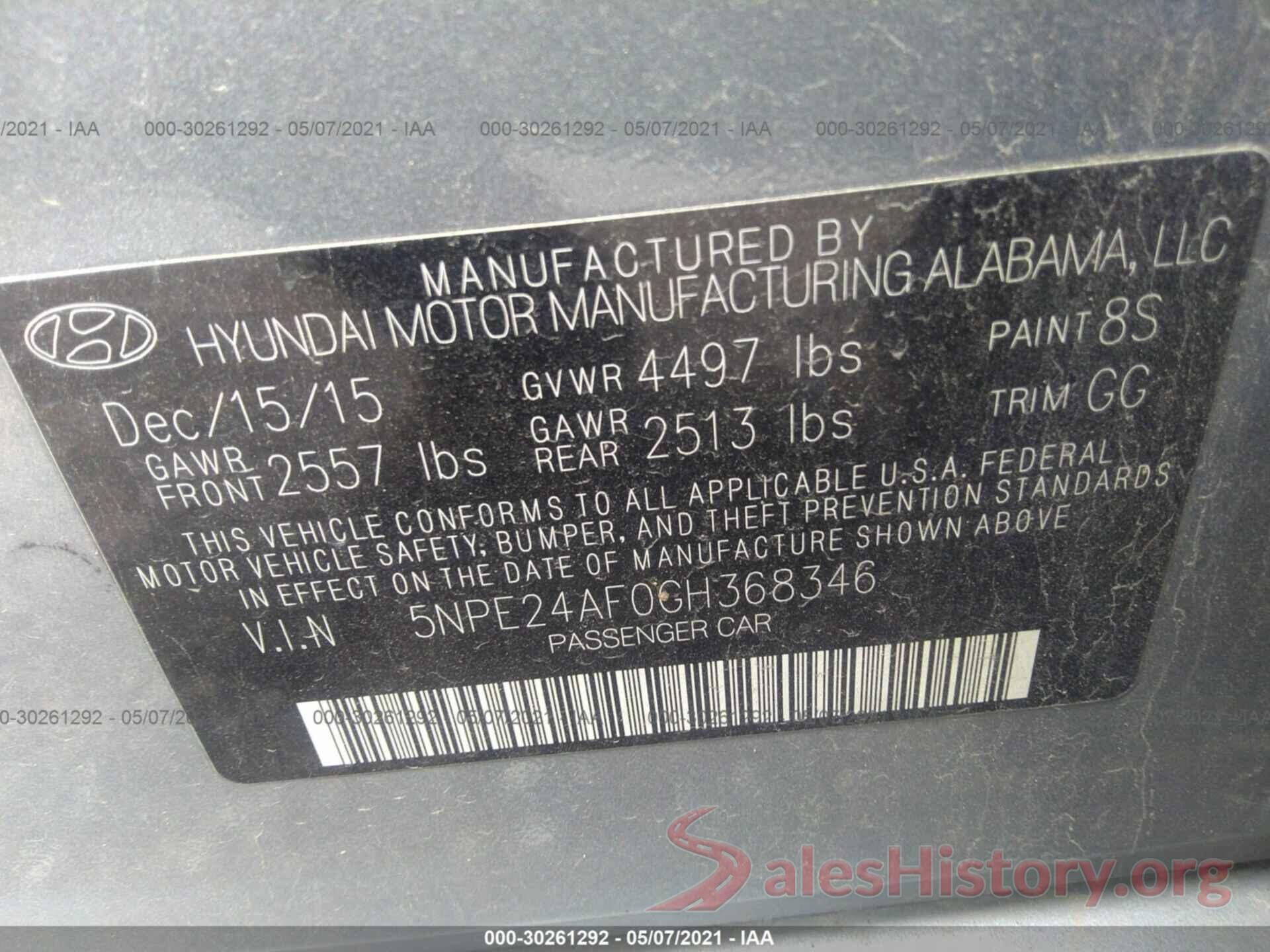 5NPE24AF0GH368346 2016 HYUNDAI SONATA