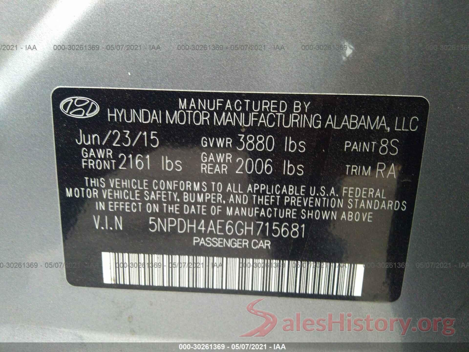 5NPDH4AE6GH715681 2016 HYUNDAI ELANTRA