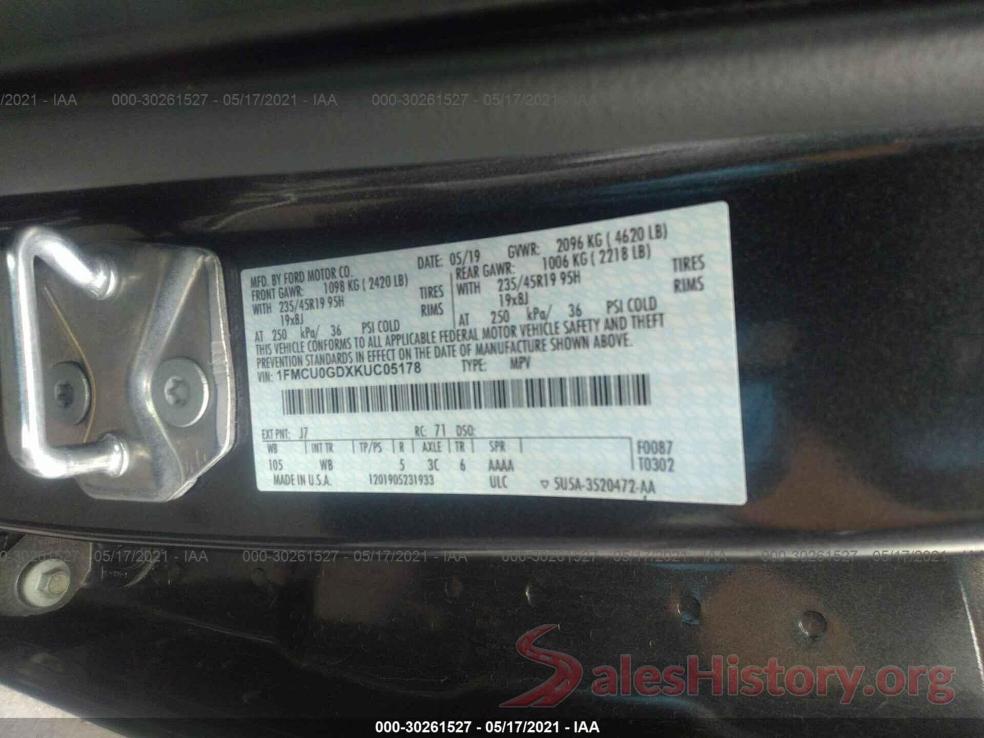 1FMCU0GDXKUC05178 2019 FORD ESCAPE