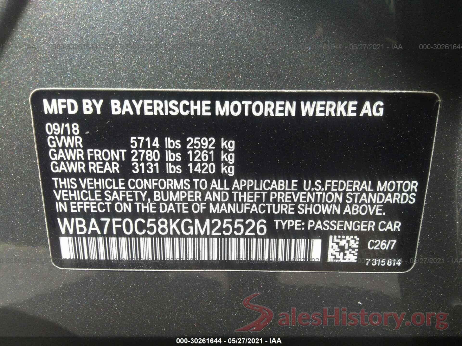 WBA7F0C58KGM25526 2019 BMW 7 SERIES