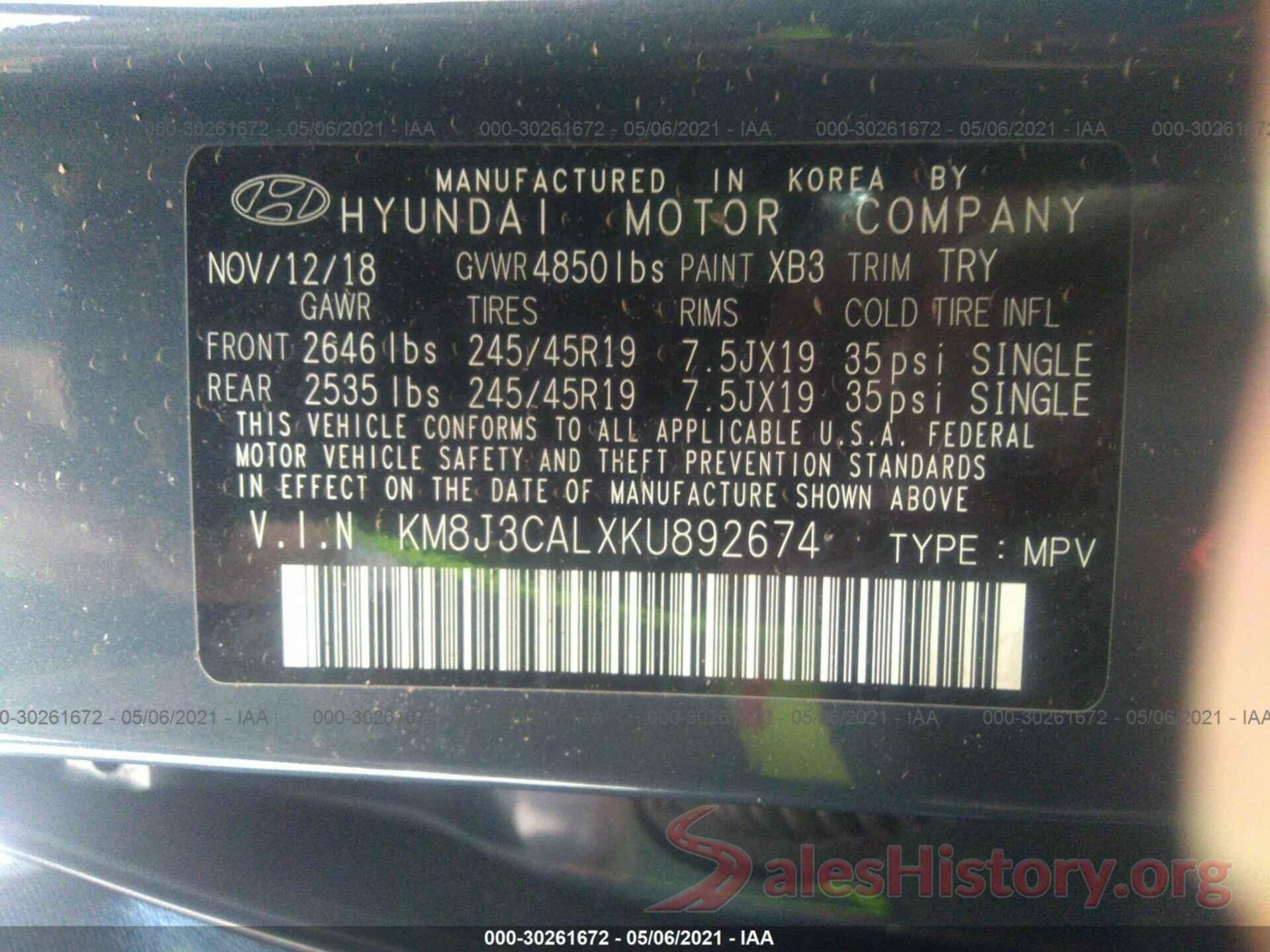 KM8J3CALXKU892674 2019 HYUNDAI TUCSON