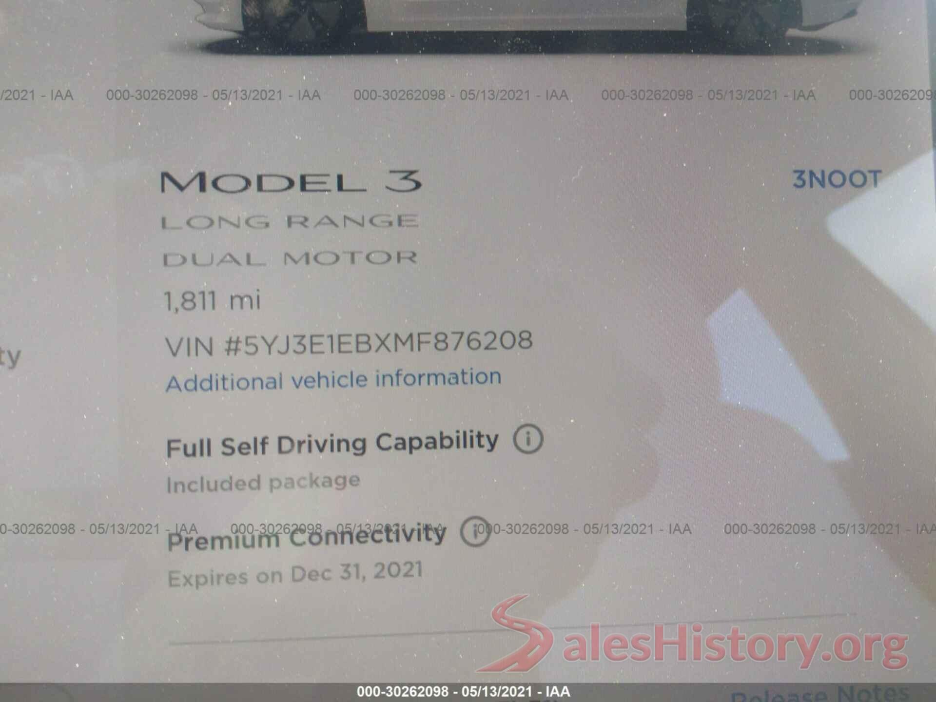 5YJ3E1EBXMF876208 2021 TESLA MODEL 3