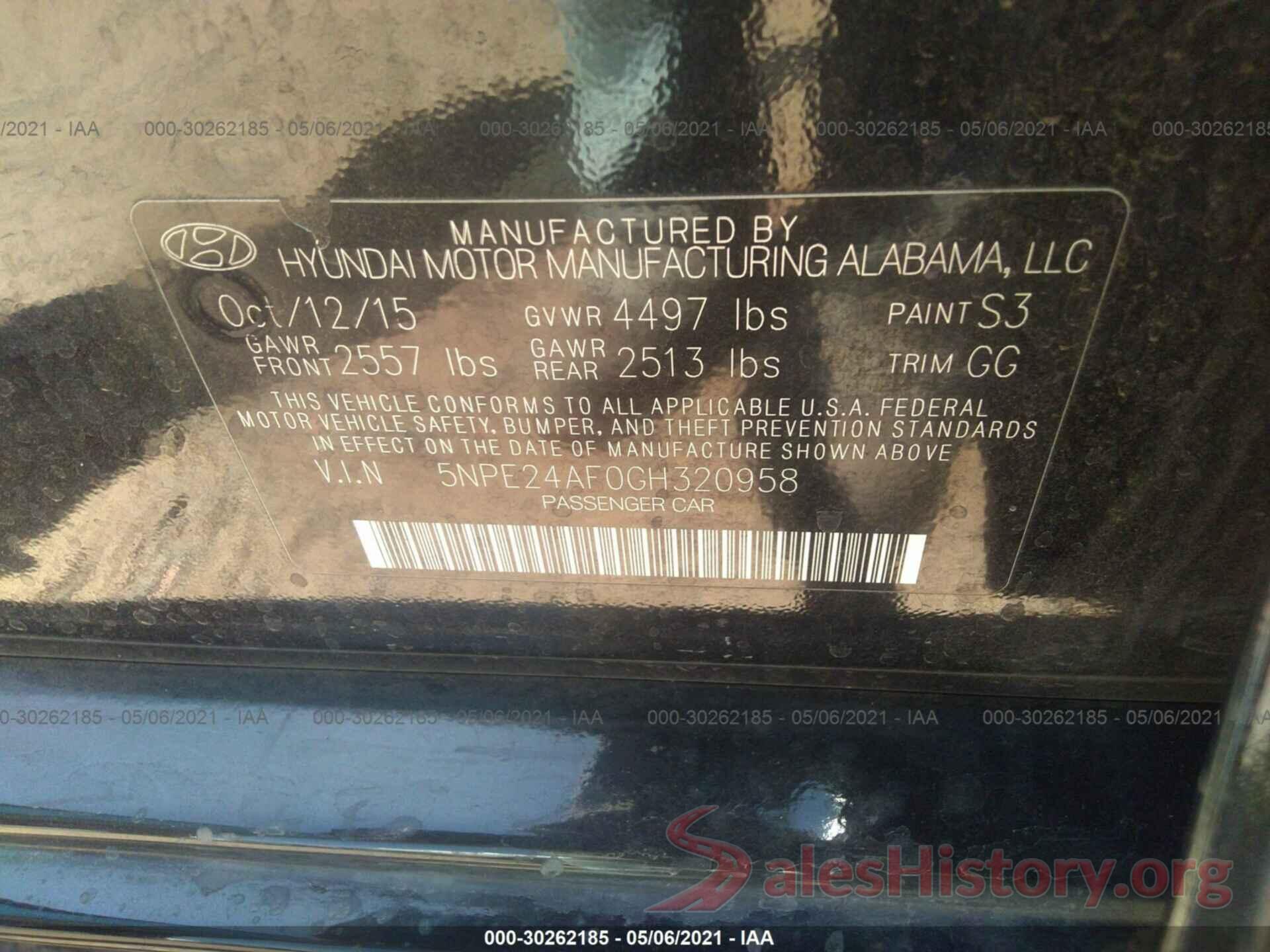 5NPE24AF0GH320958 2016 HYUNDAI SONATA