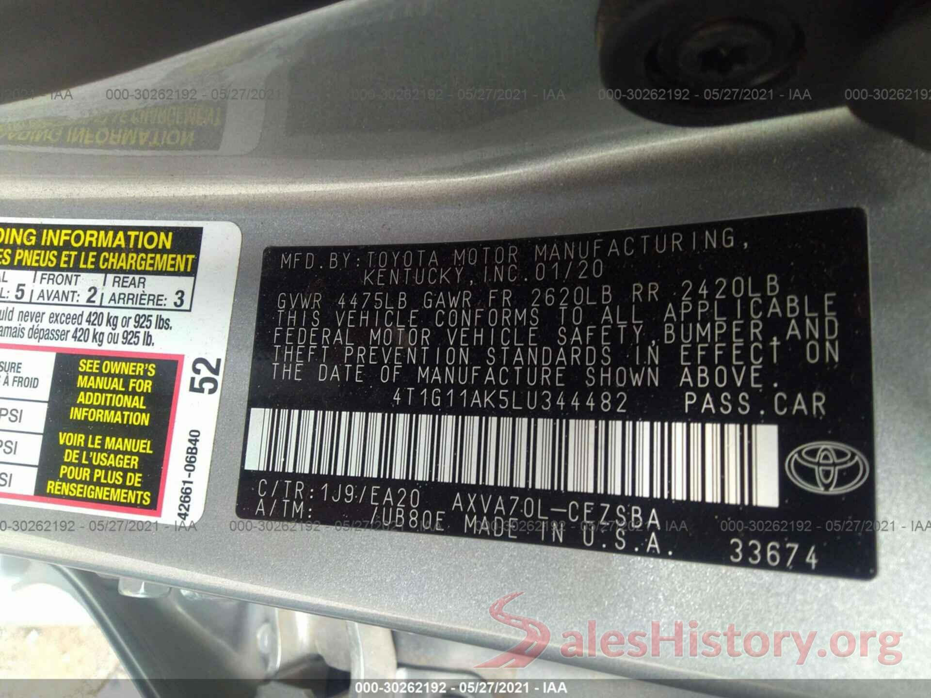 4T1G11AK5LU344482 2020 TOYOTA CAMRY