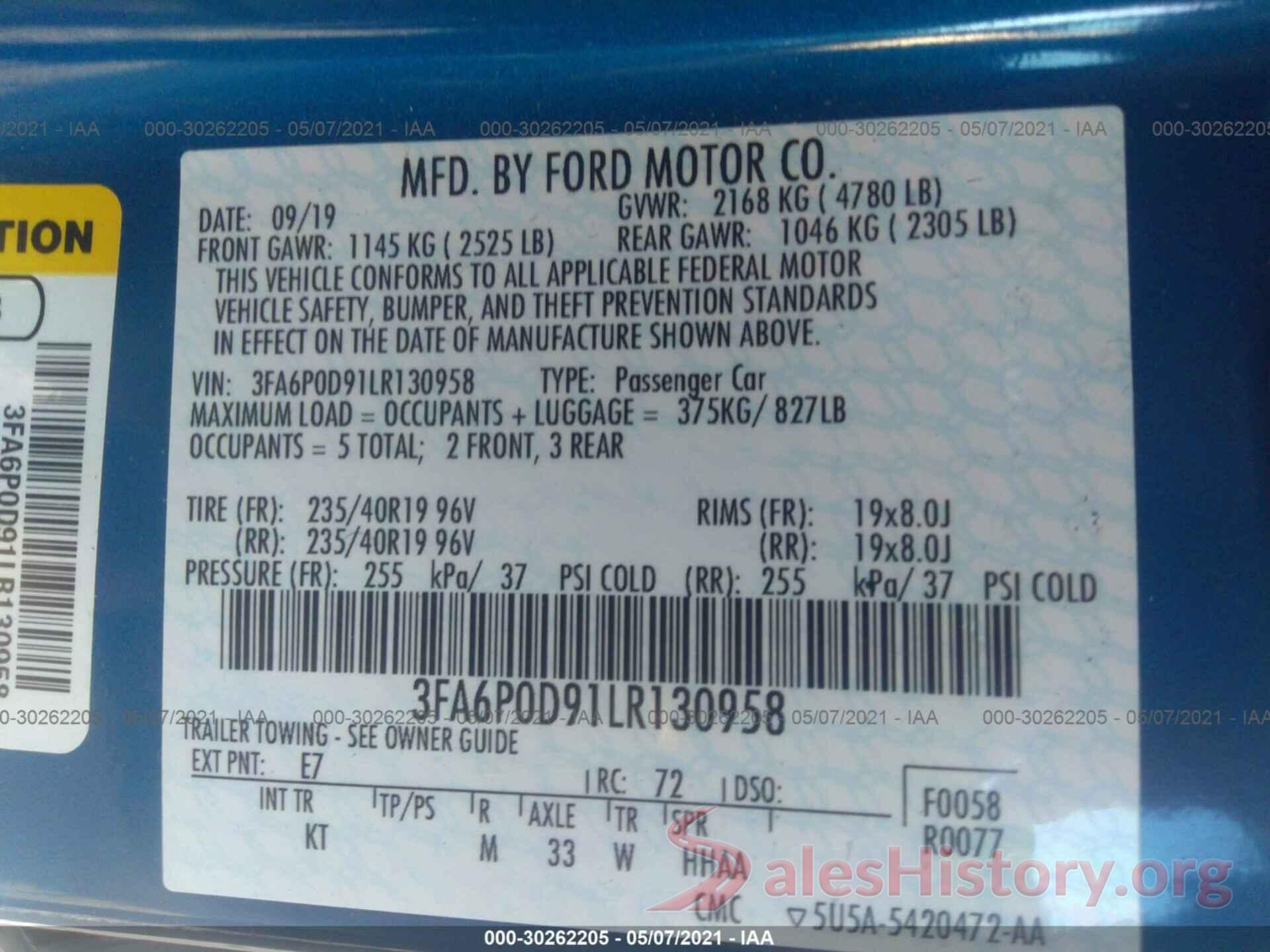 3FA6P0D91LR130958 2020 FORD FUSION