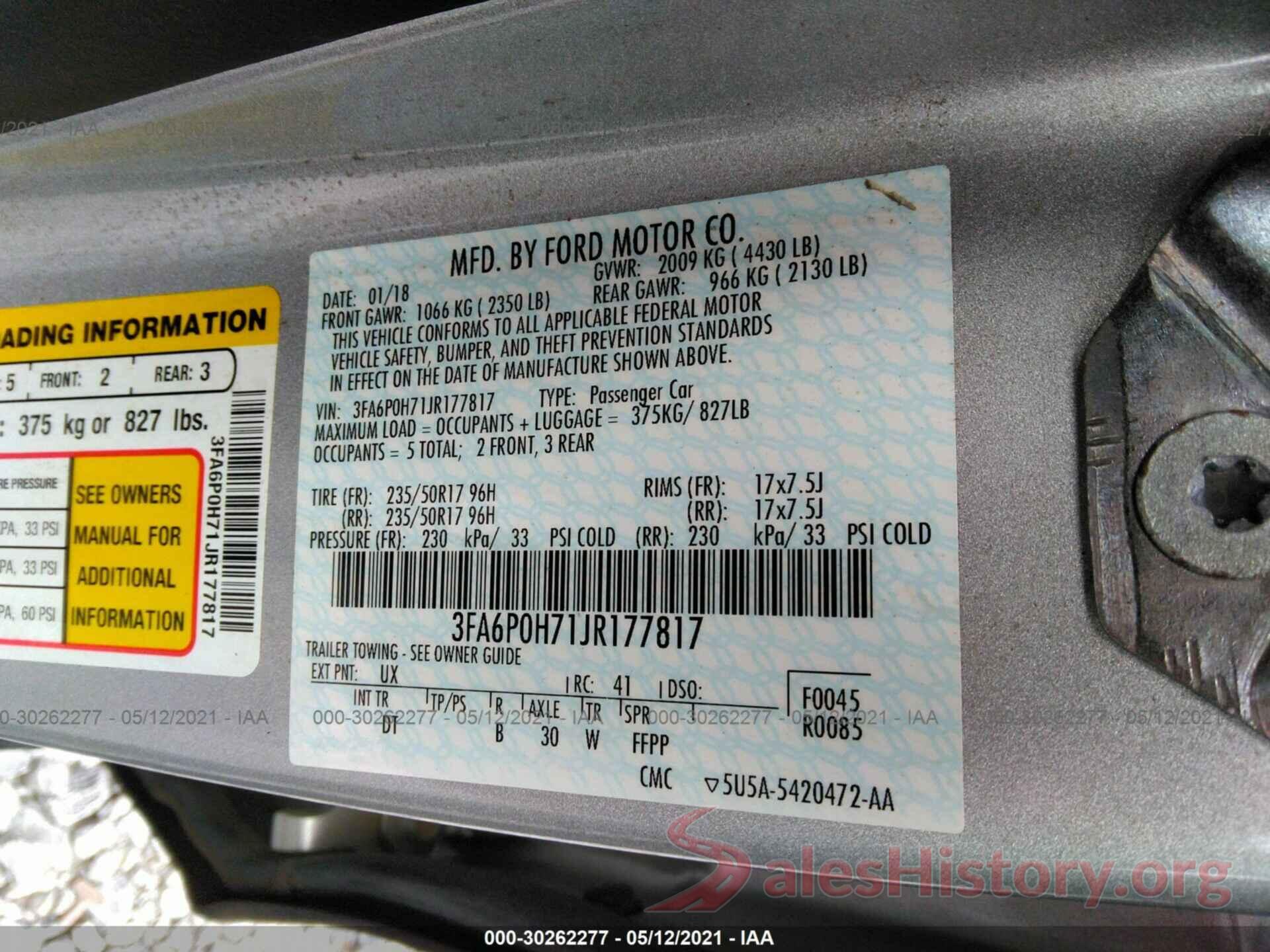 3FA6P0H71JR177817 2018 FORD FUSION