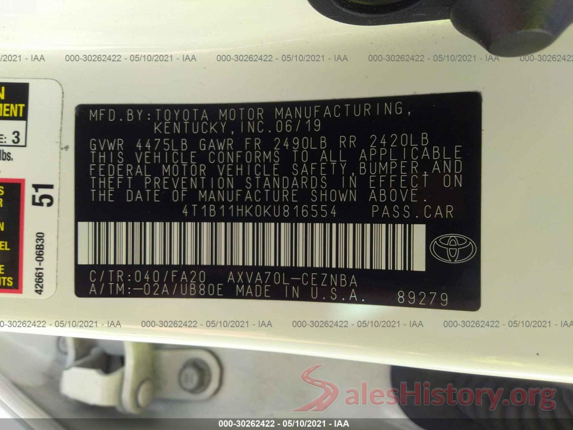 4T1B11HK0KU816554 2019 TOYOTA CAMRY