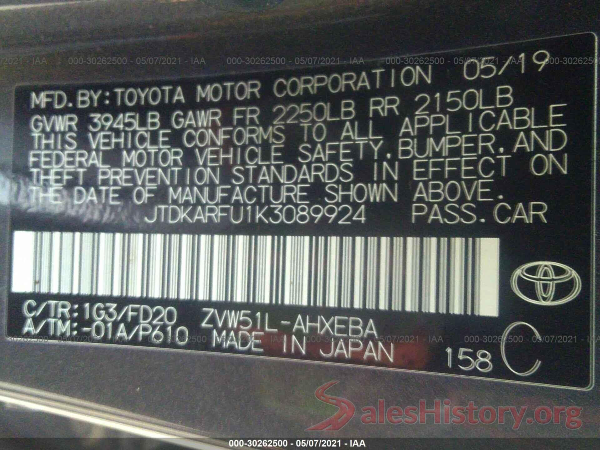 JTDKARFU1K3089924 2019 TOYOTA PRIUS