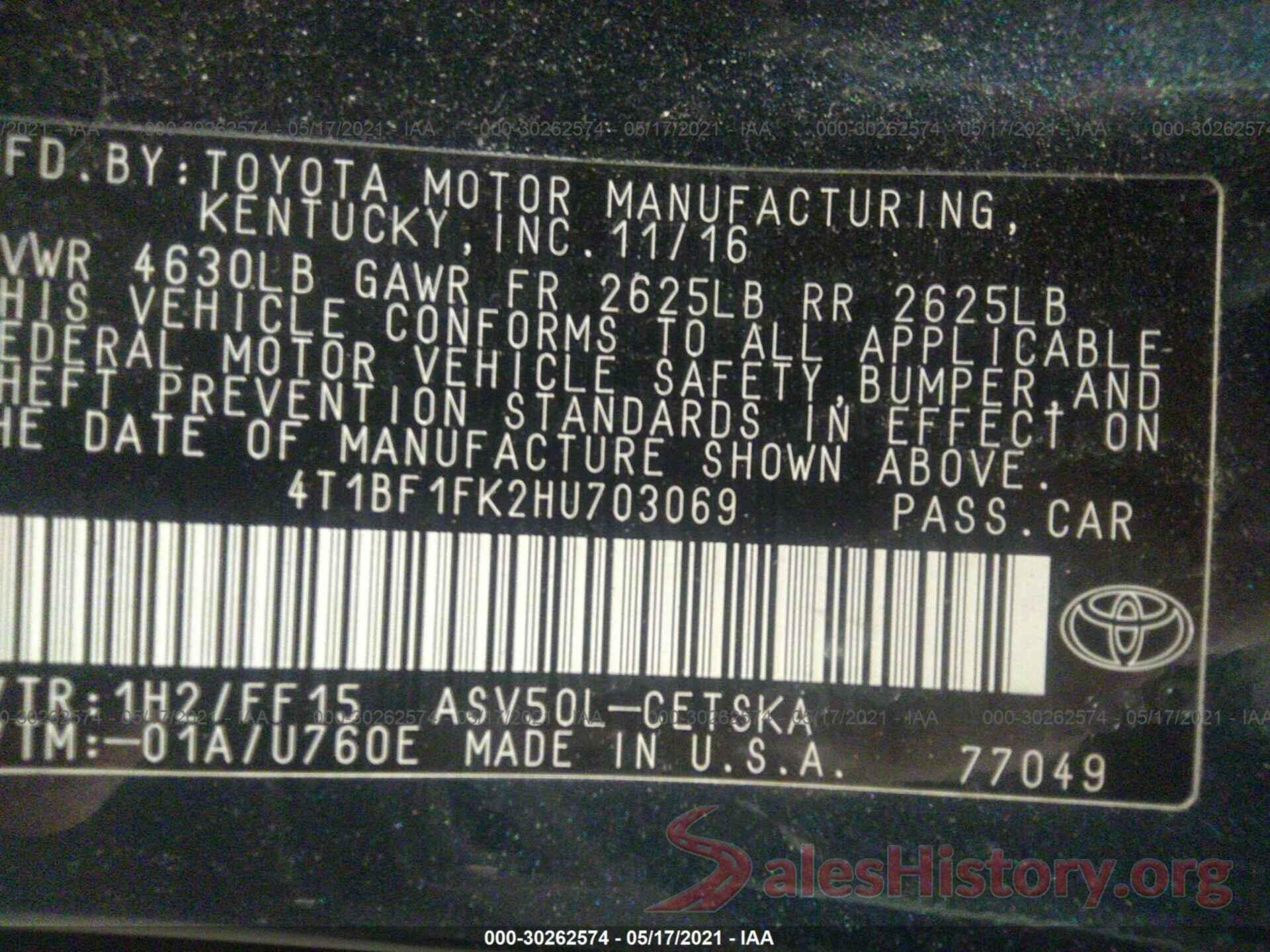 4T1BF1FK2HU703069 2017 TOYOTA CAMRY