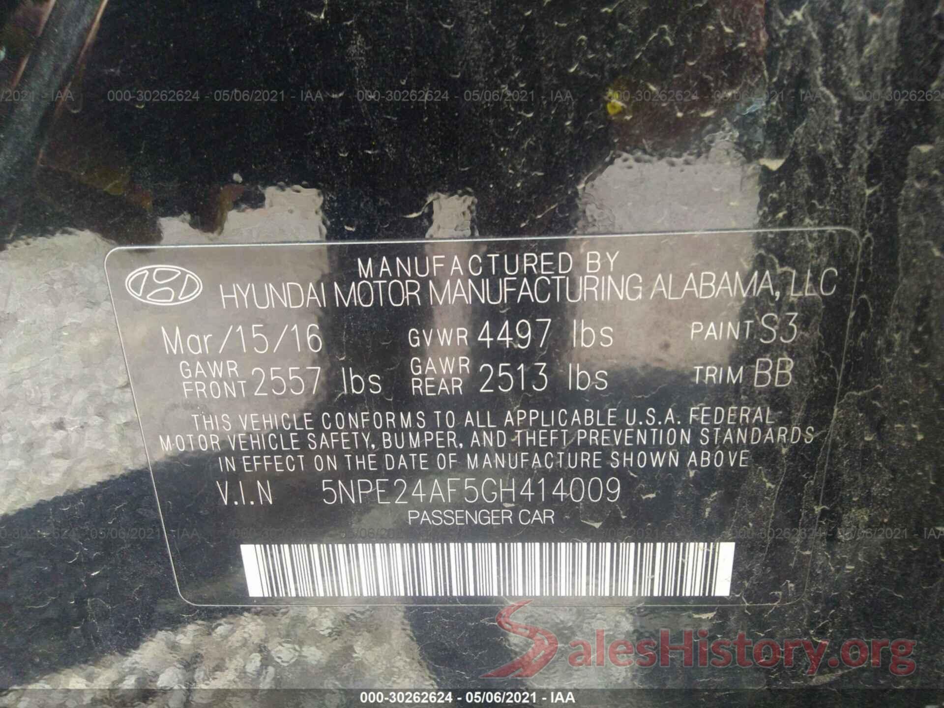 5NPE24AF5GH414009 2016 HYUNDAI SONATA