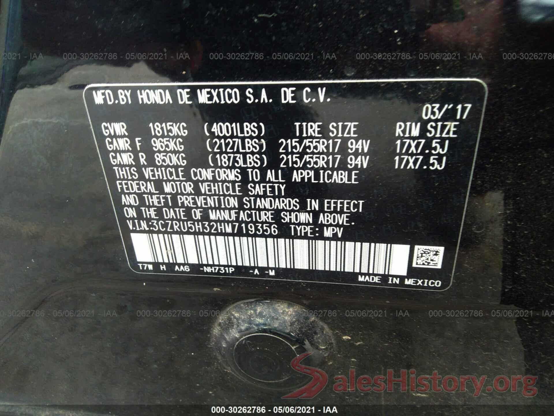 3CZRU5H32HM719356 2017 HONDA HR-V