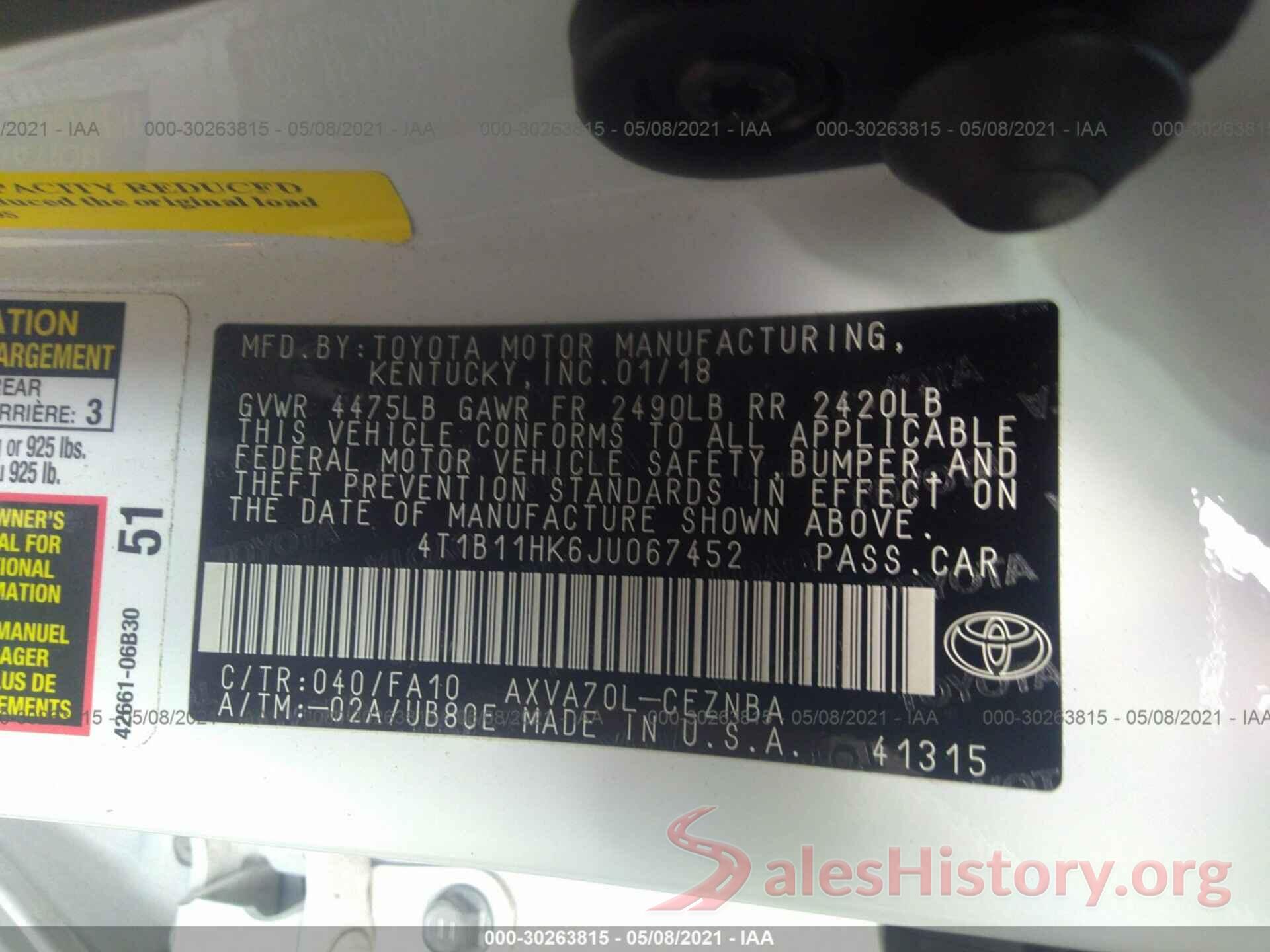 4T1B11HK6JU067452 2018 TOYOTA CAMRY