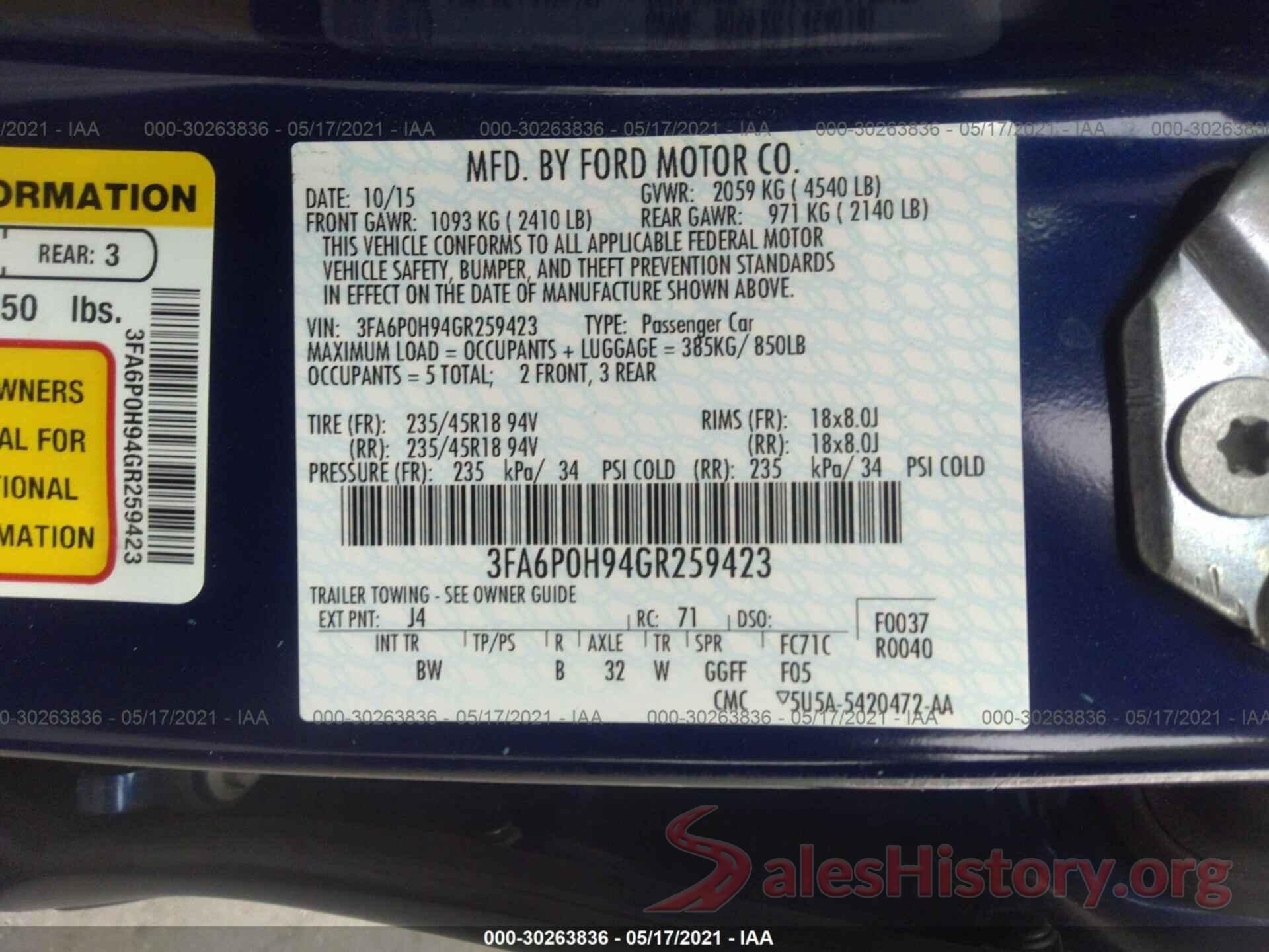 3FA6P0H94GR259423 2016 FORD FUSION