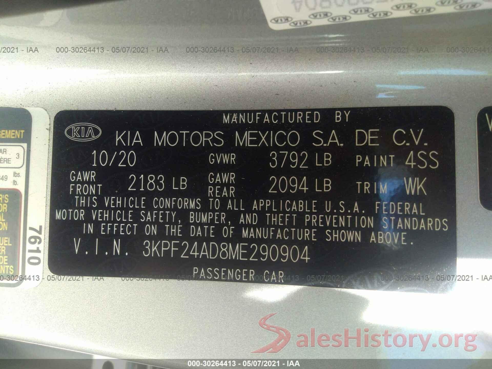 3KPF24AD8ME290904 2021 KIA FORTE