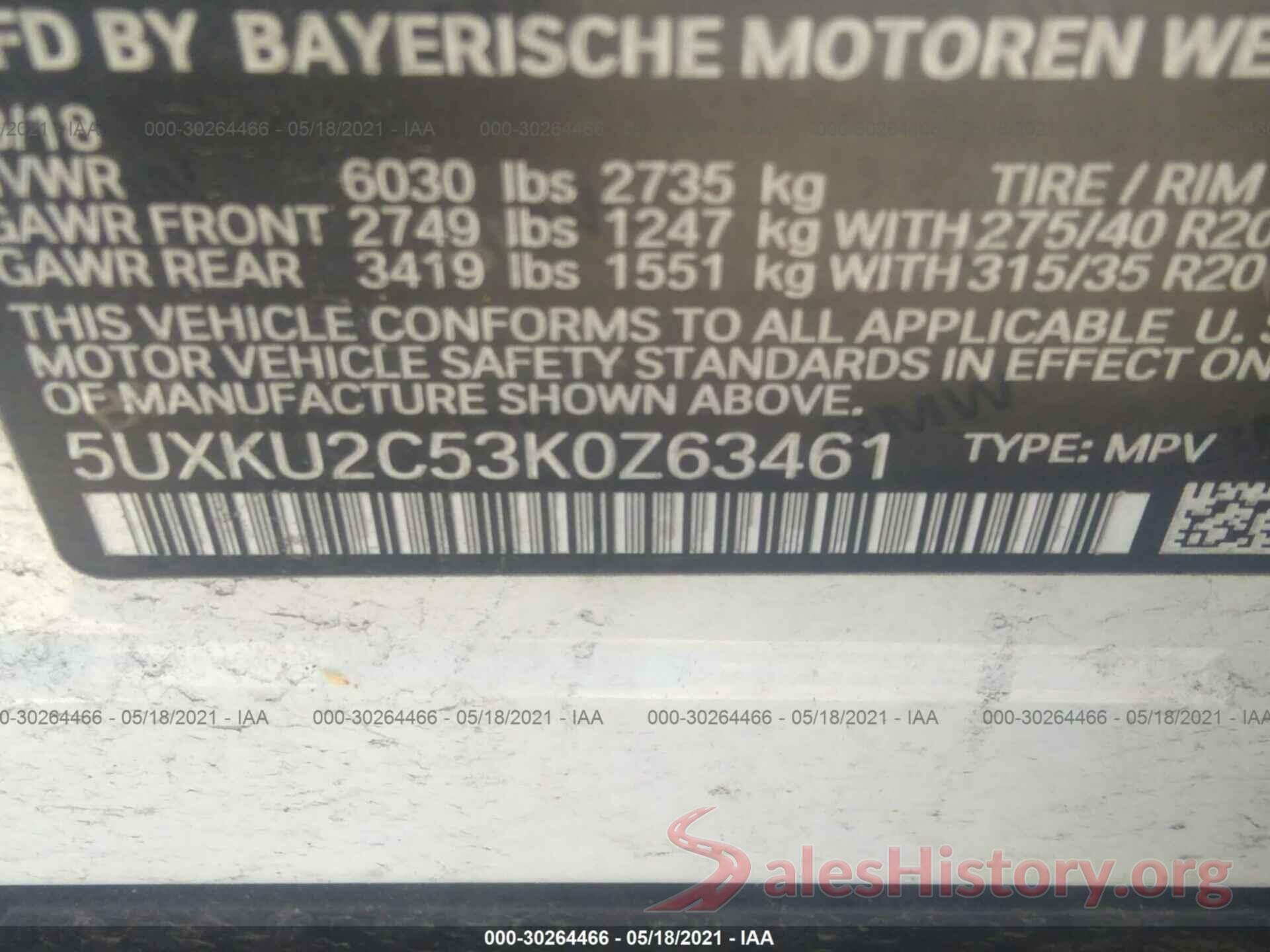 5UXKU2C53K0Z63461 2019 BMW X6