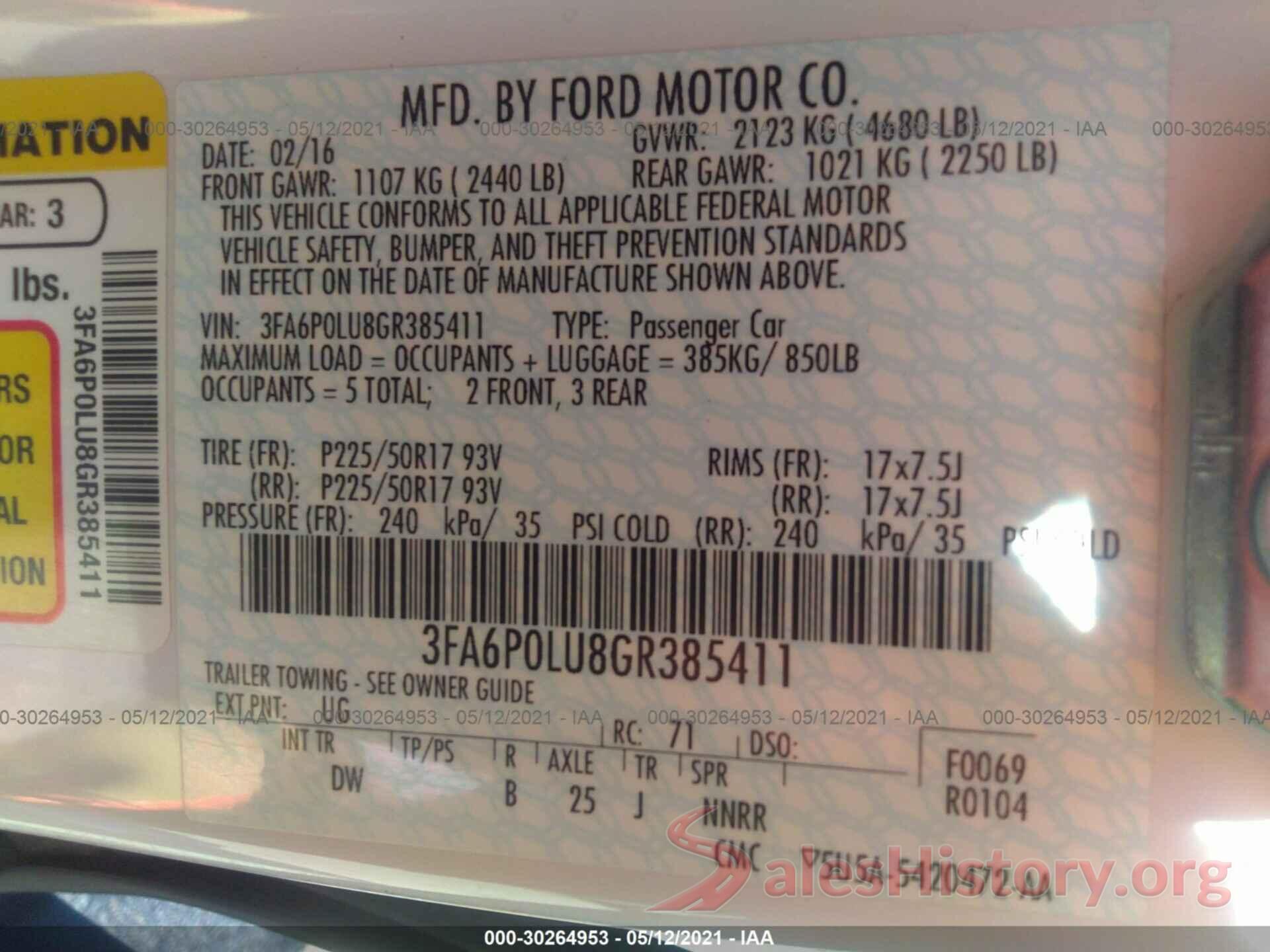 3FA6P0LU8GR385411 2016 FORD FUSION