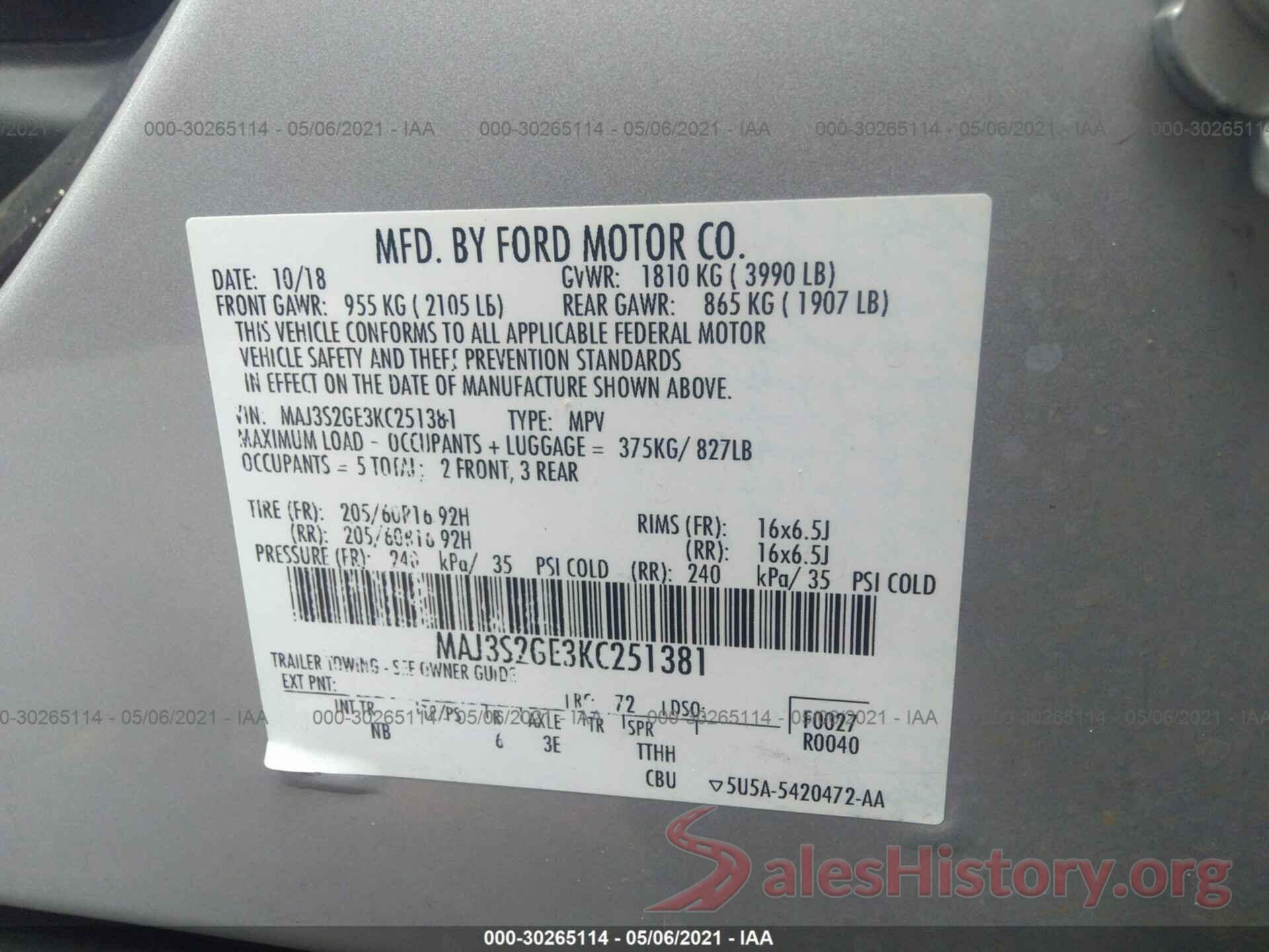 MAJ3S2GE3KC251381 2019 FORD ECOSPORT