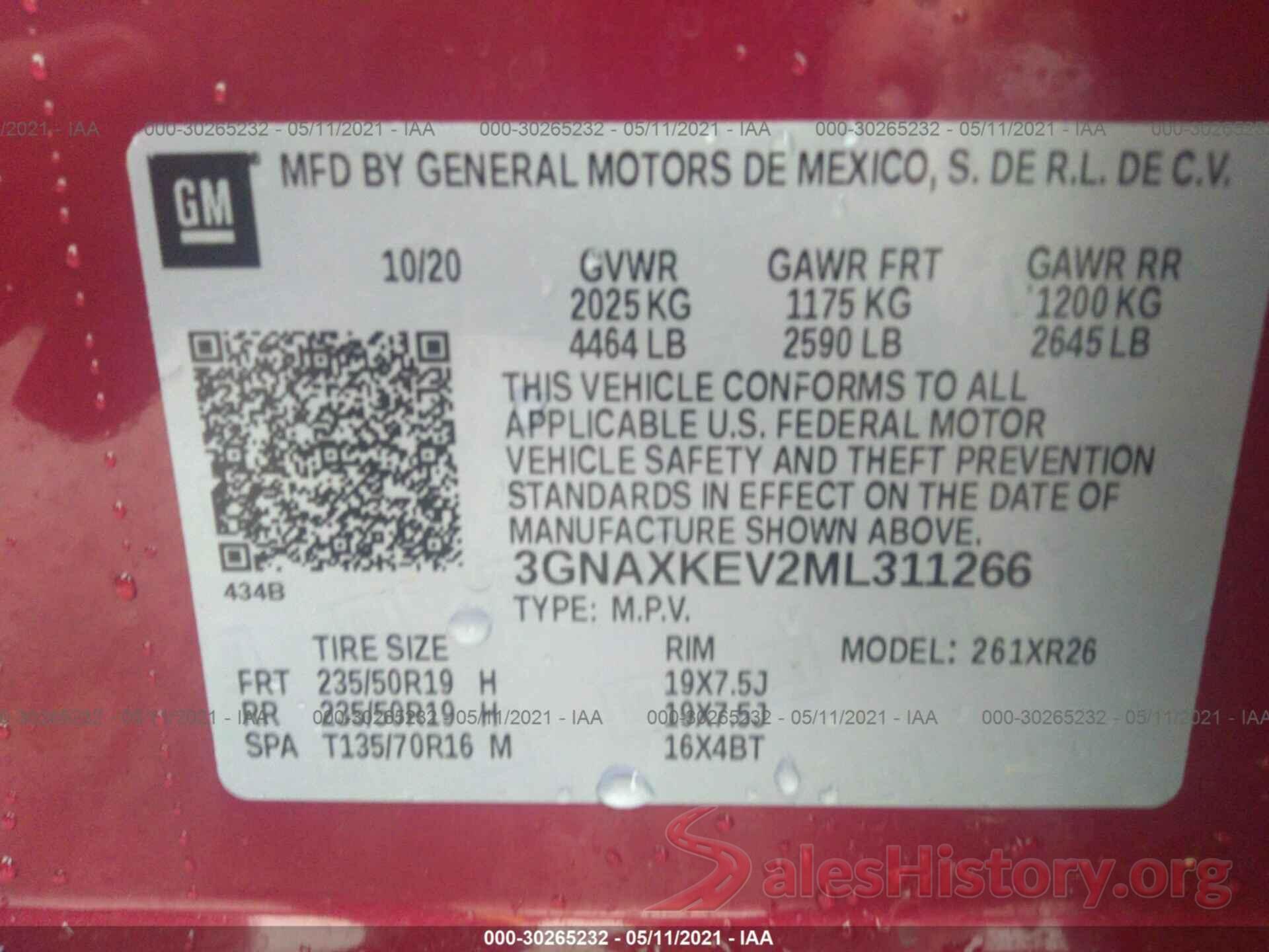 3GNAXKEV2ML311266 2021 CHEVROLET EQUINOX