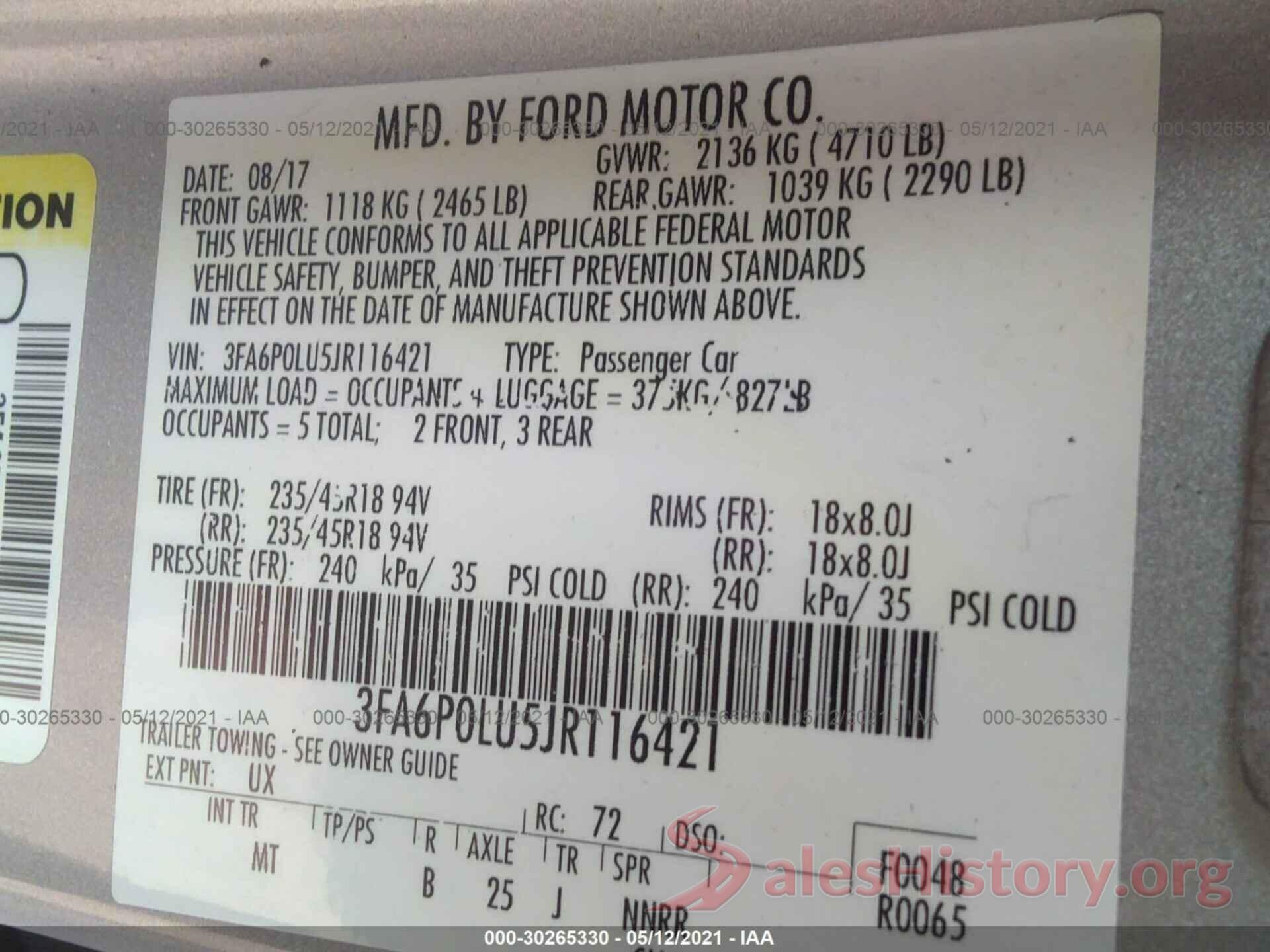 3FA6P0LU5JR116421 2018 FORD FUSION HYBRID