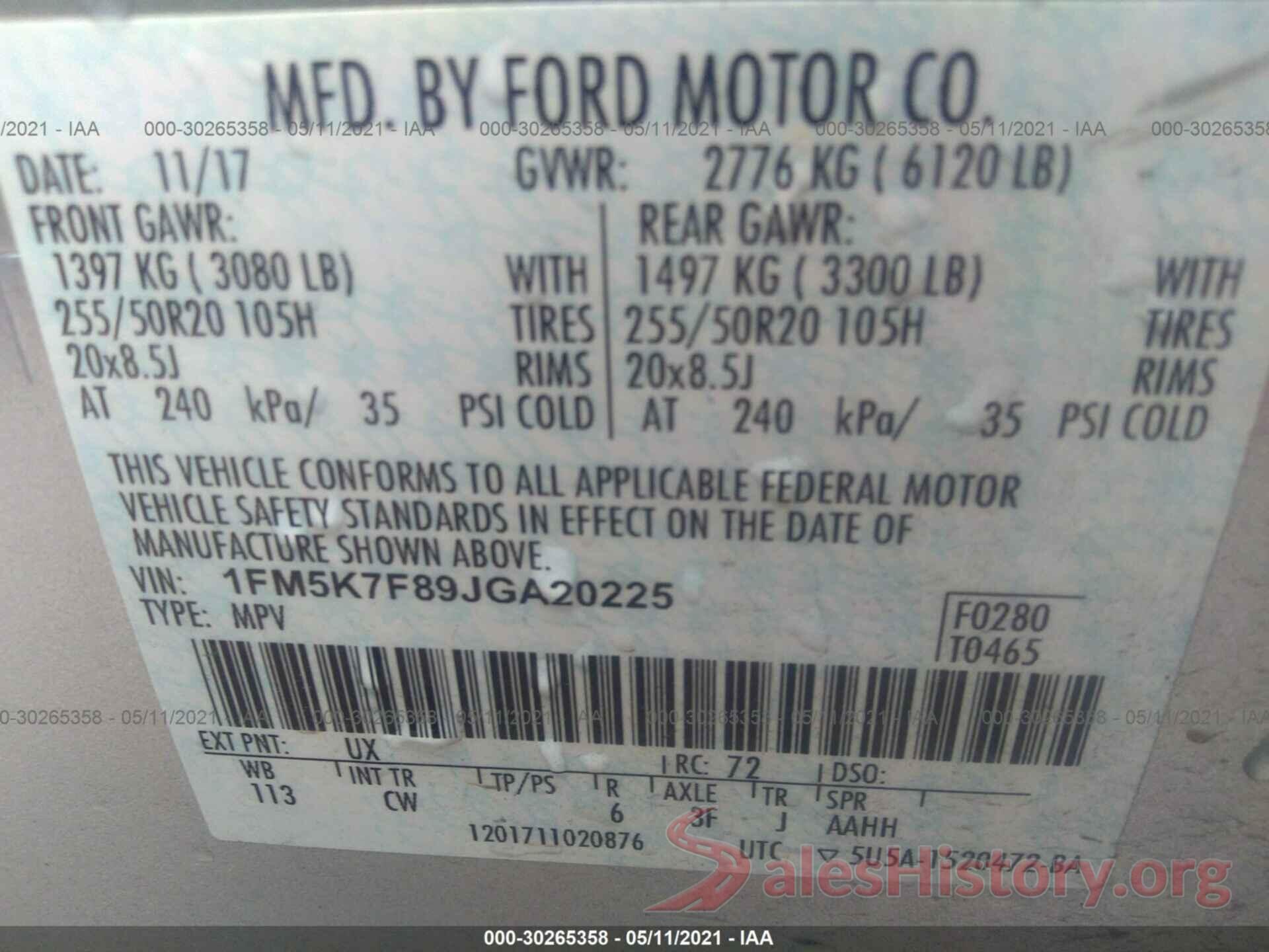 1FM5K7F89JGA20225 2018 FORD EXPLORER