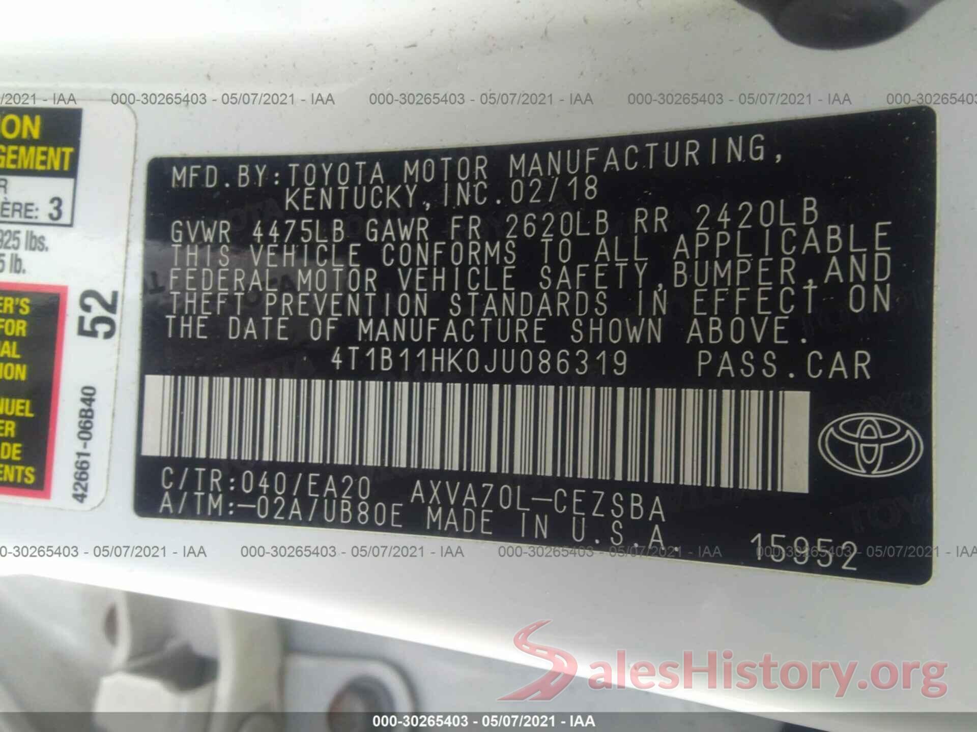 4T1B11HK0JU086319 2018 TOYOTA CAMRY