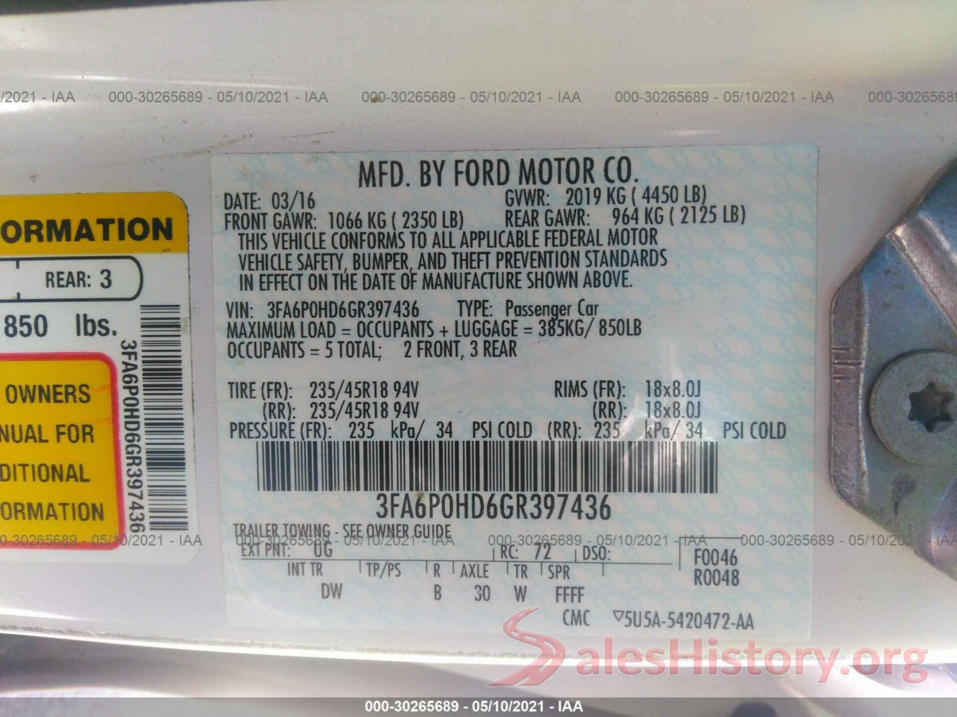 3FA6P0HD6GR397436 2016 FORD FUSION