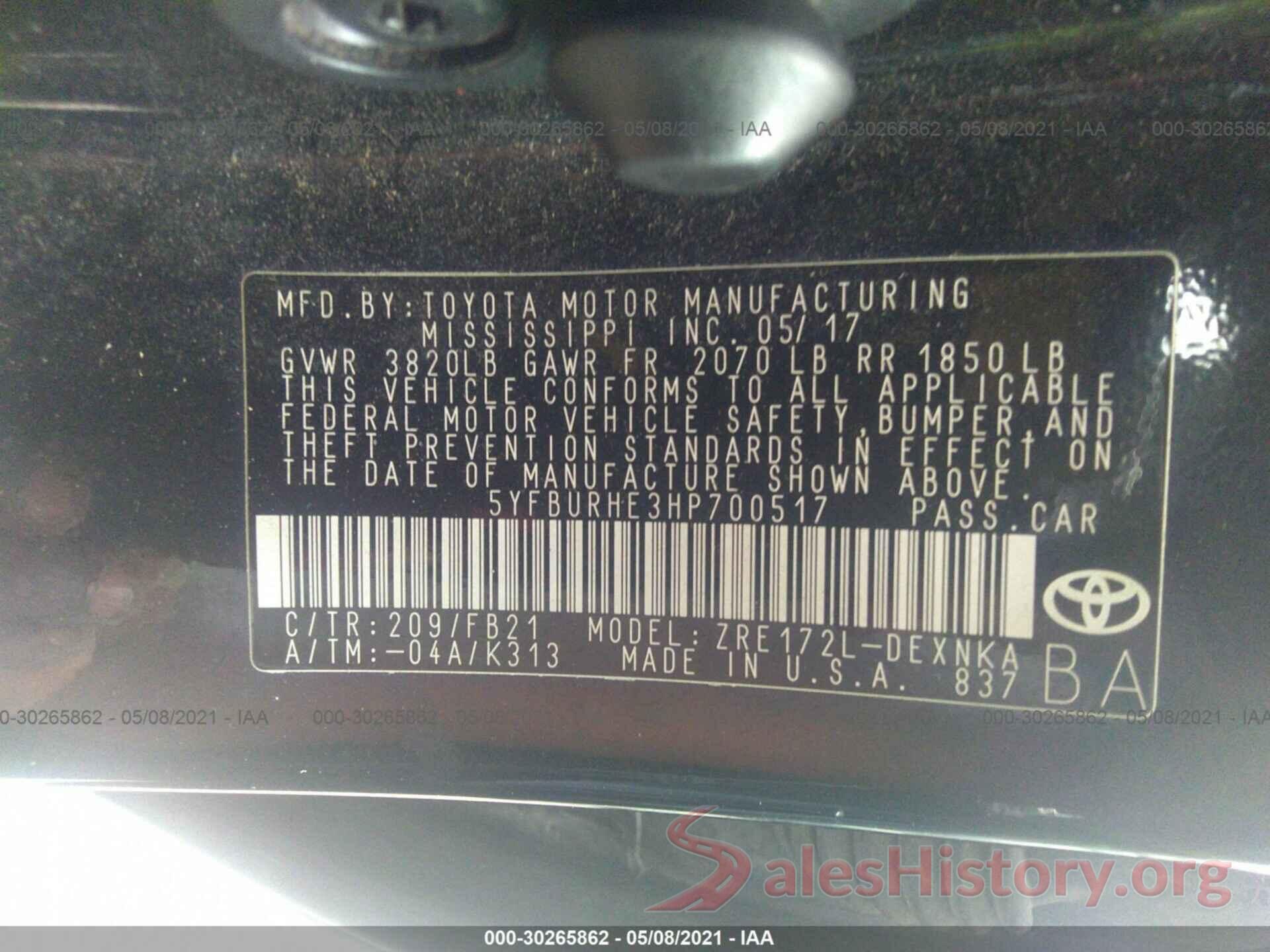 5YFBURHE3HP700517 2017 TOYOTA COROLLA