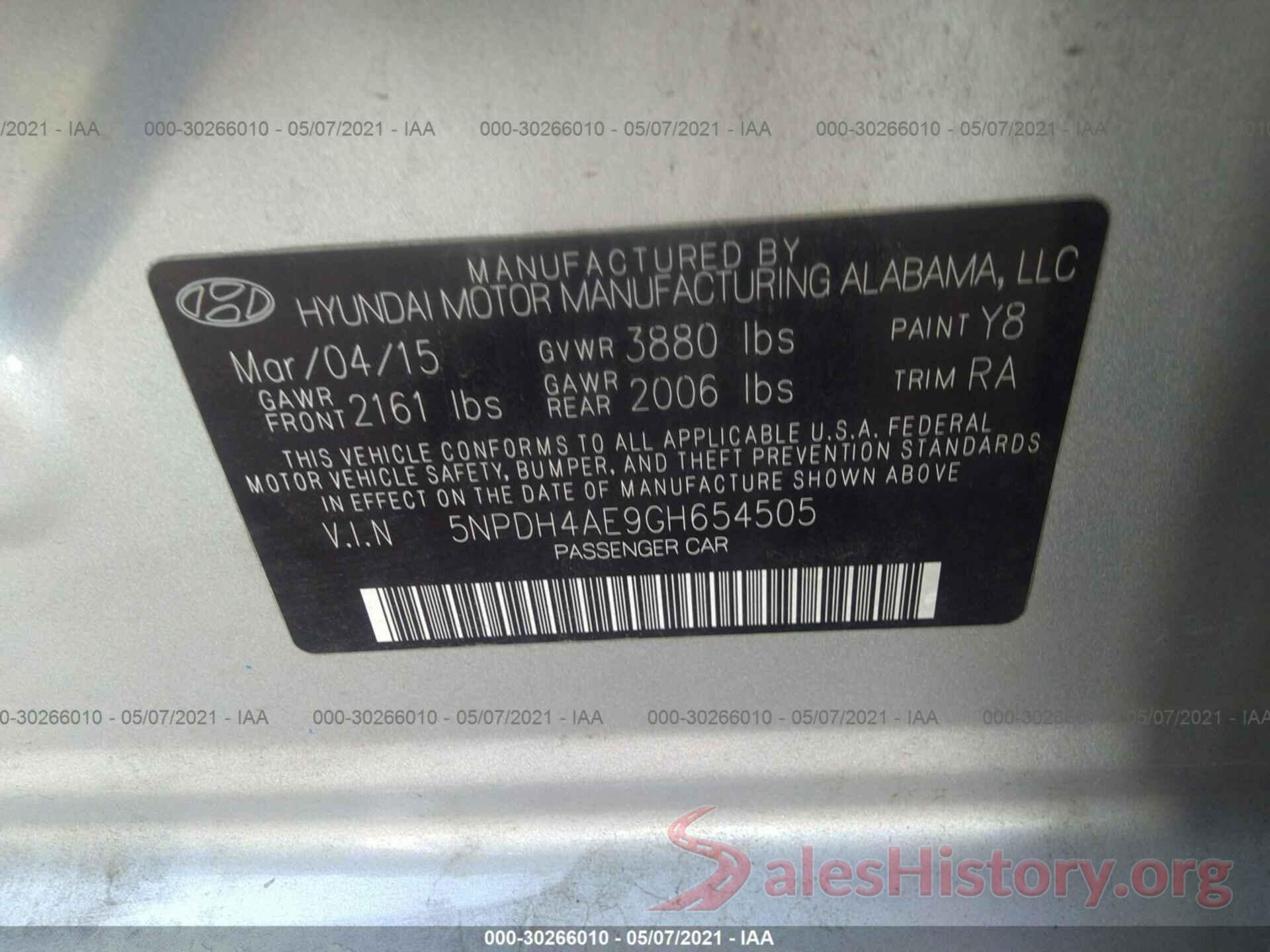 5NPDH4AE9GH654505 2016 HYUNDAI ELANTRA