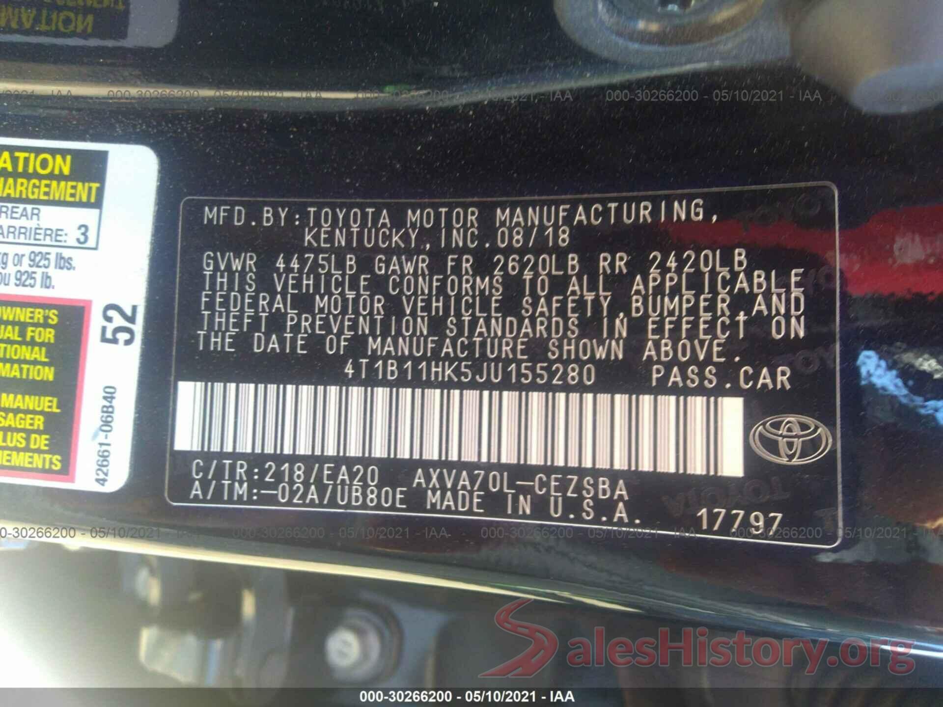 4T1B11HK5JU155280 2018 TOYOTA CAMRY