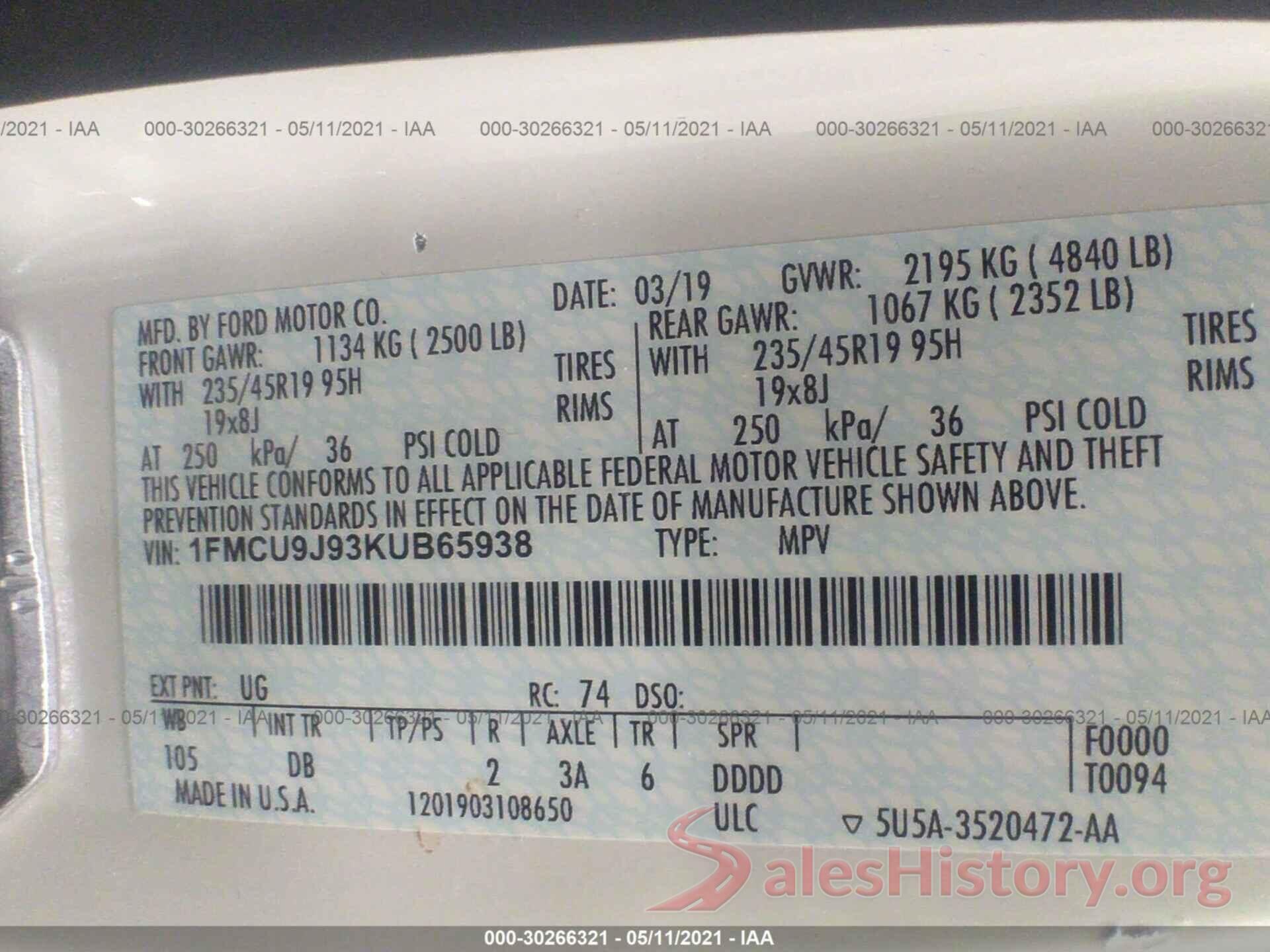 1FMCU9J93KUB65938 2019 FORD ESCAPE