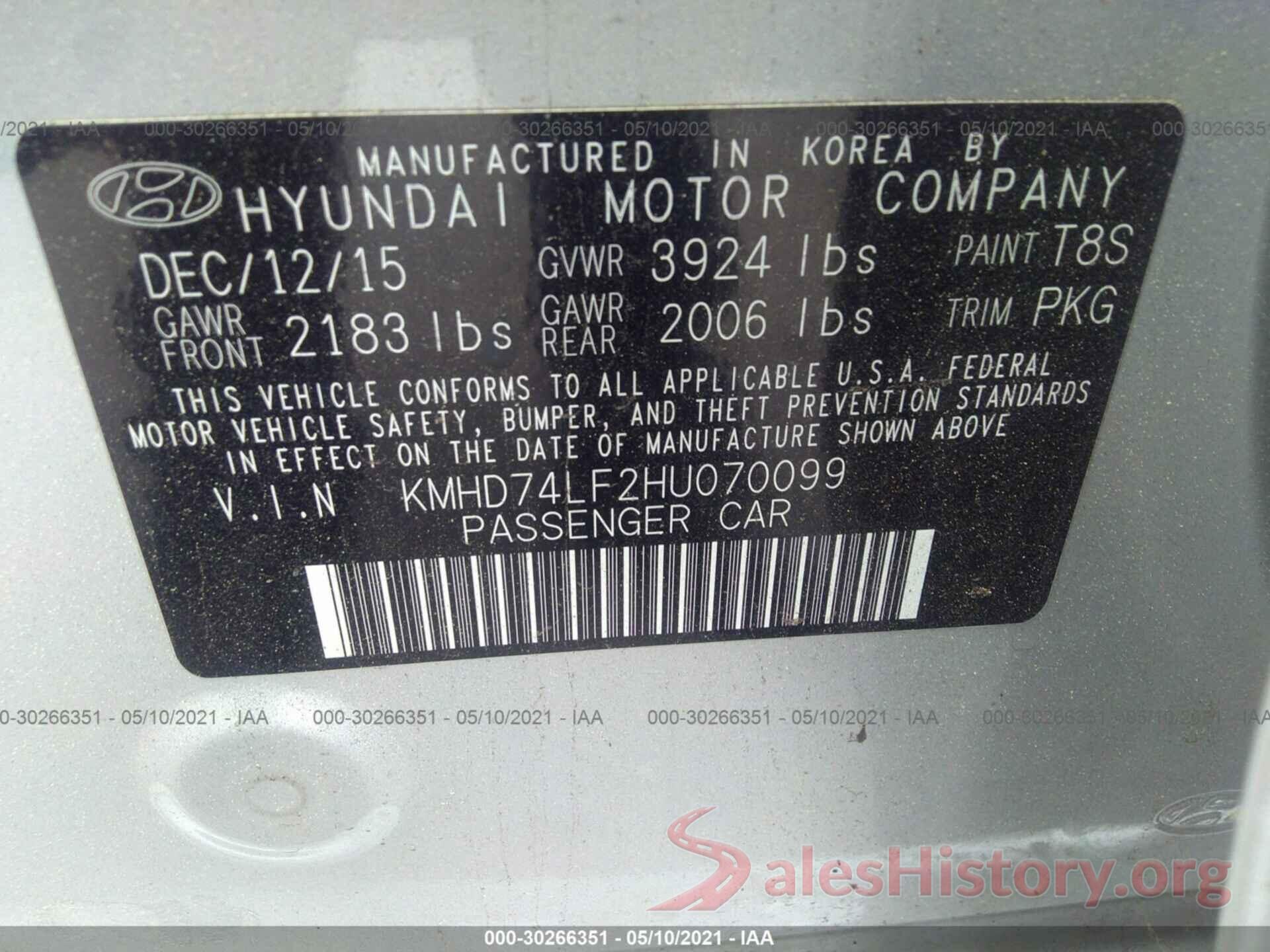 KMHD74LF2HU070099 2017 HYUNDAI ELANTRA