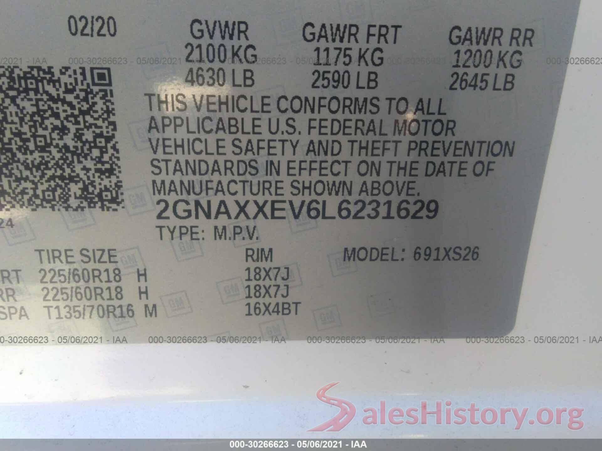 2GNAXXEV6L6231629 2020 CHEVROLET EQUINOX