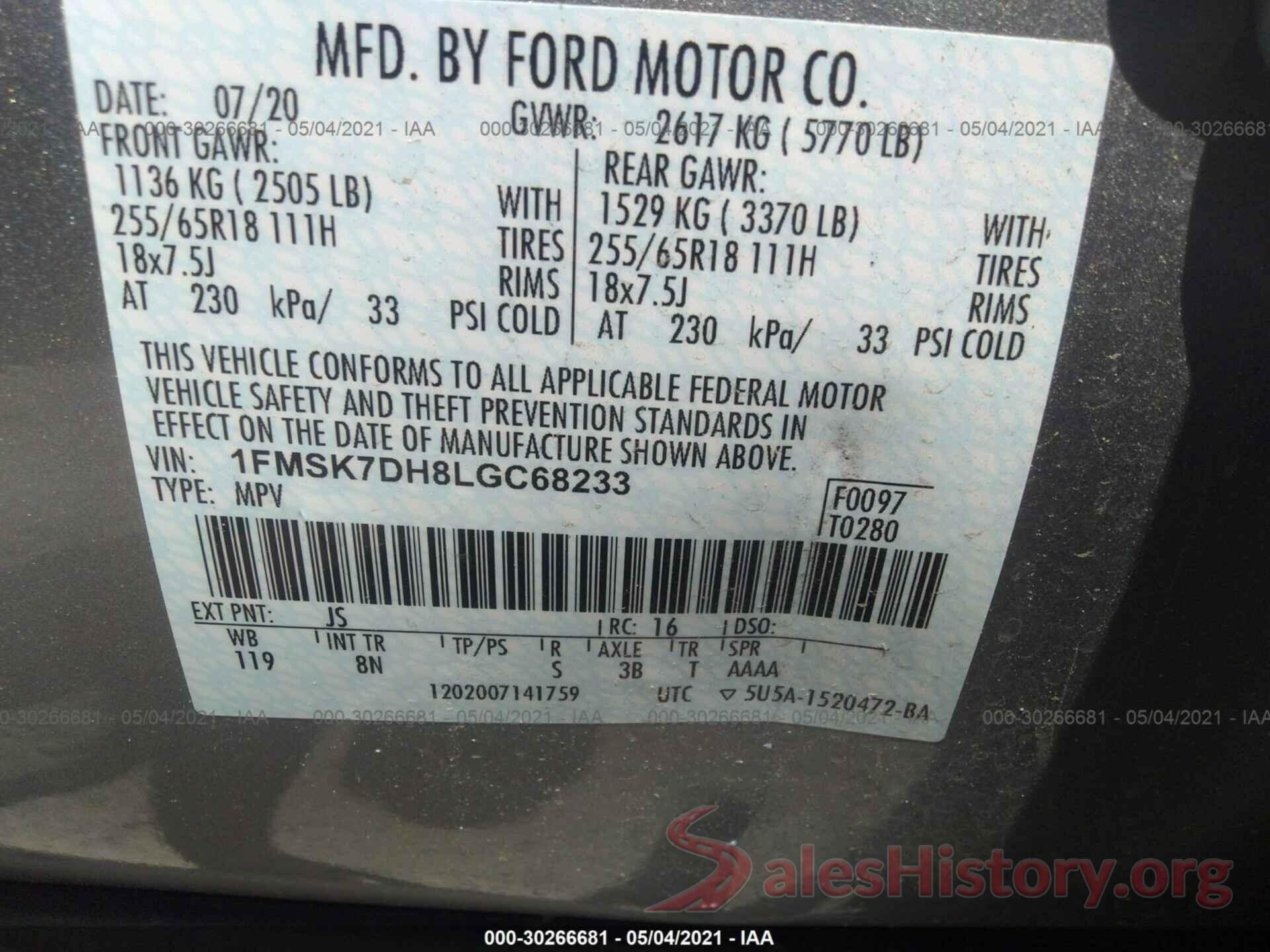 1FMSK7DH8LGC68233 2020 FORD EXPLORER