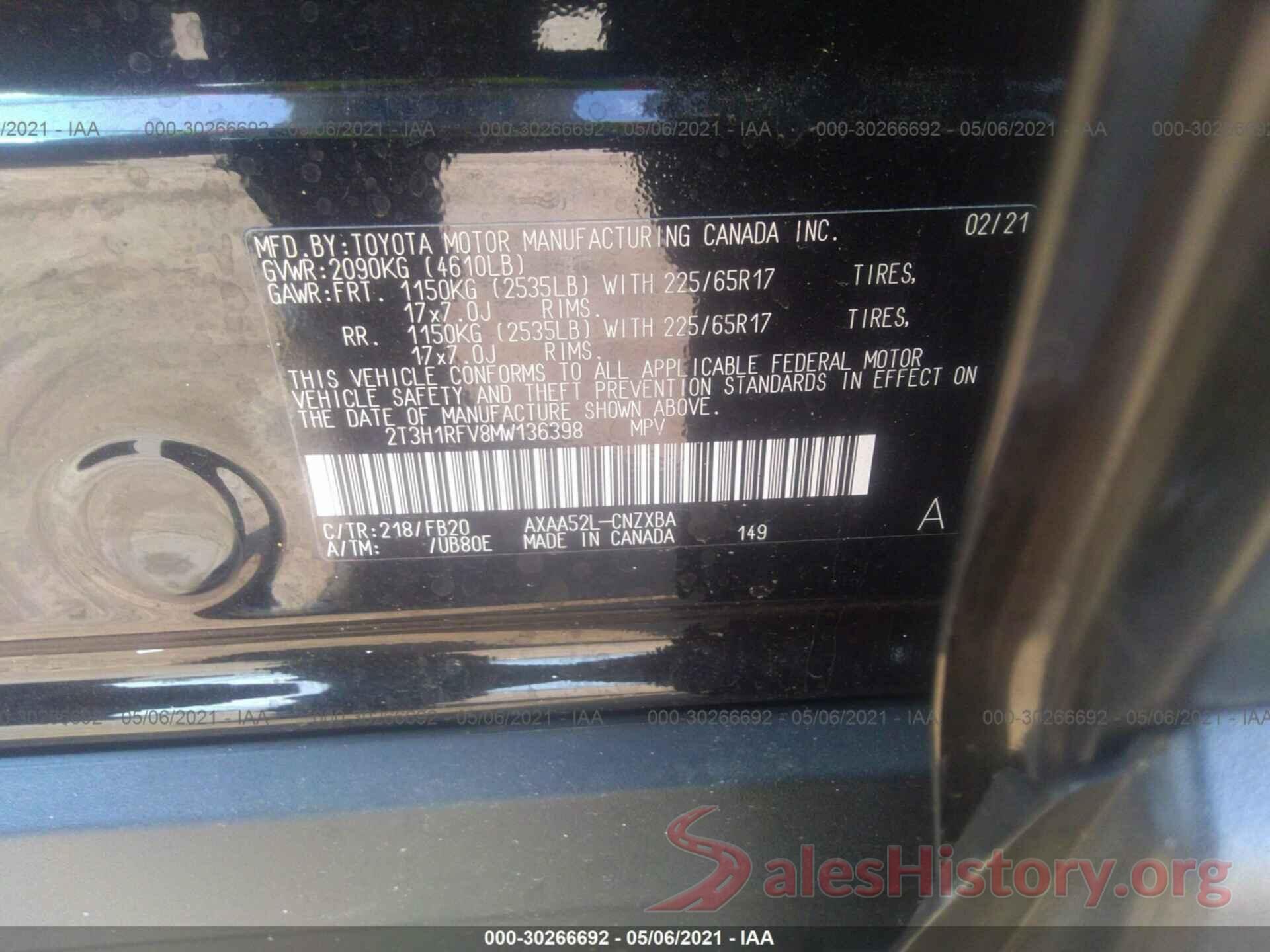 2T3H1RFV8MW136398 2021 TOYOTA RAV4