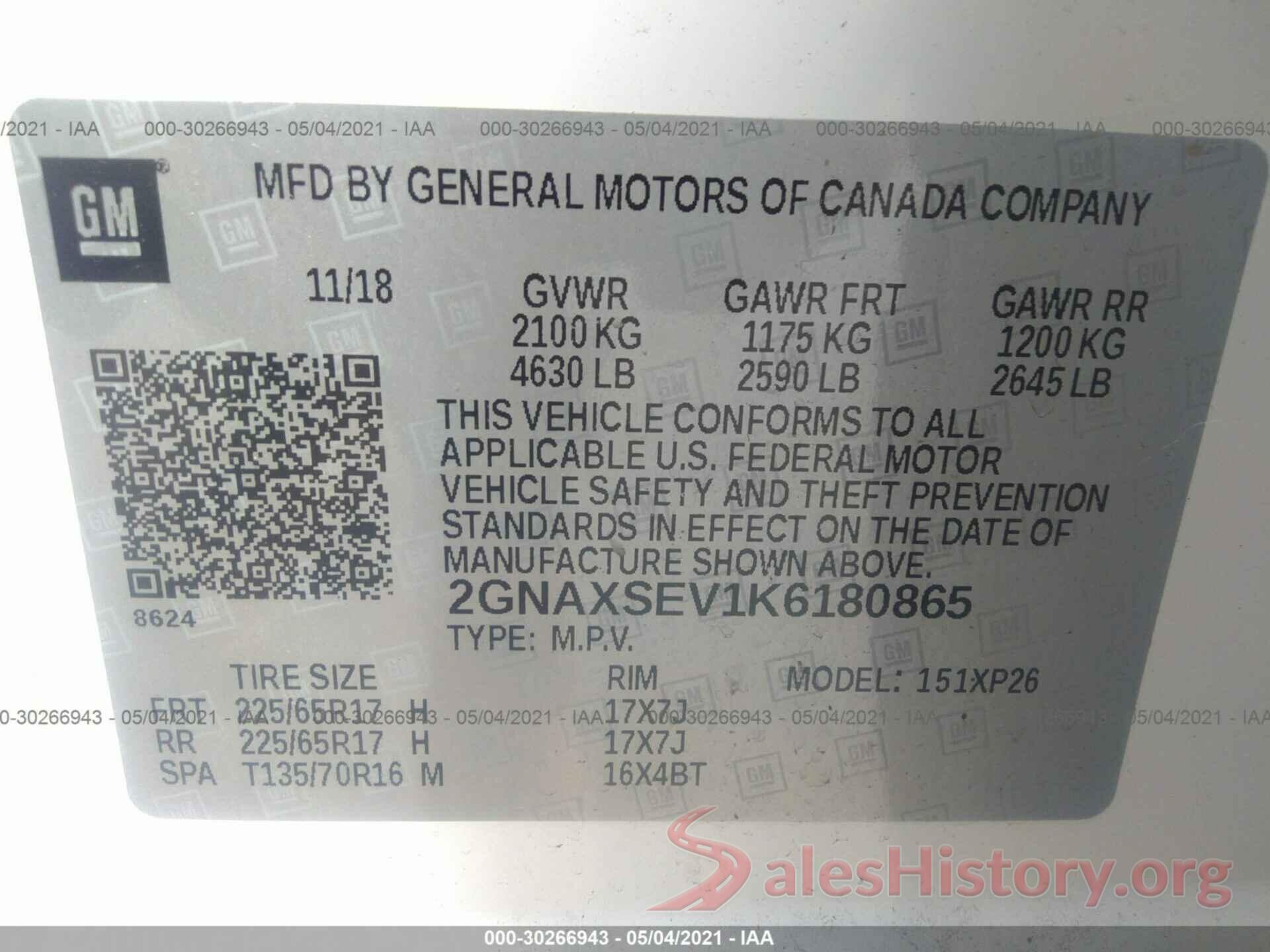 2GNAXSEV1K6180865 2019 CHEVROLET EQUINOX