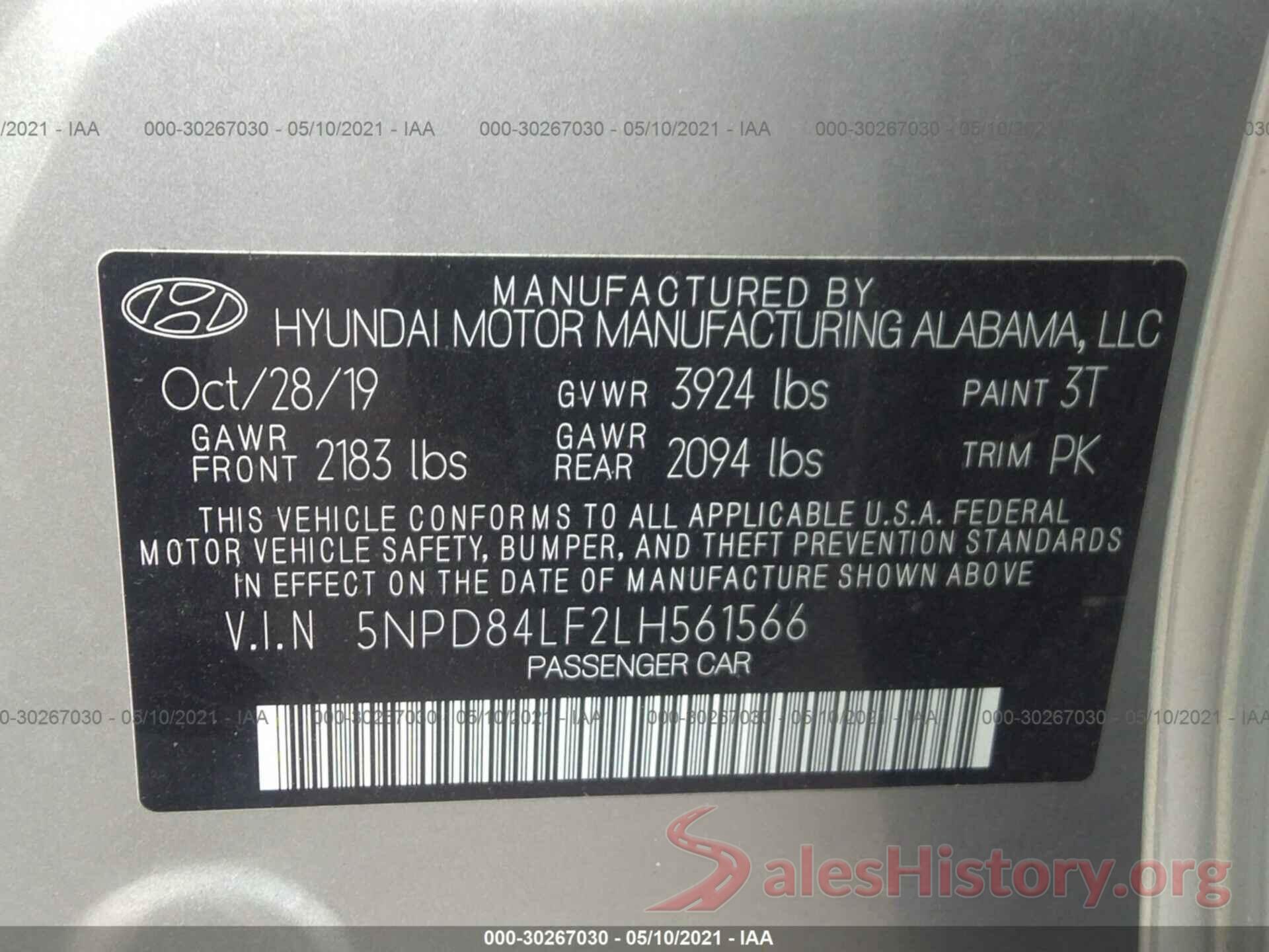 5NPD84LF2LH561566 2020 HYUNDAI ELANTRA