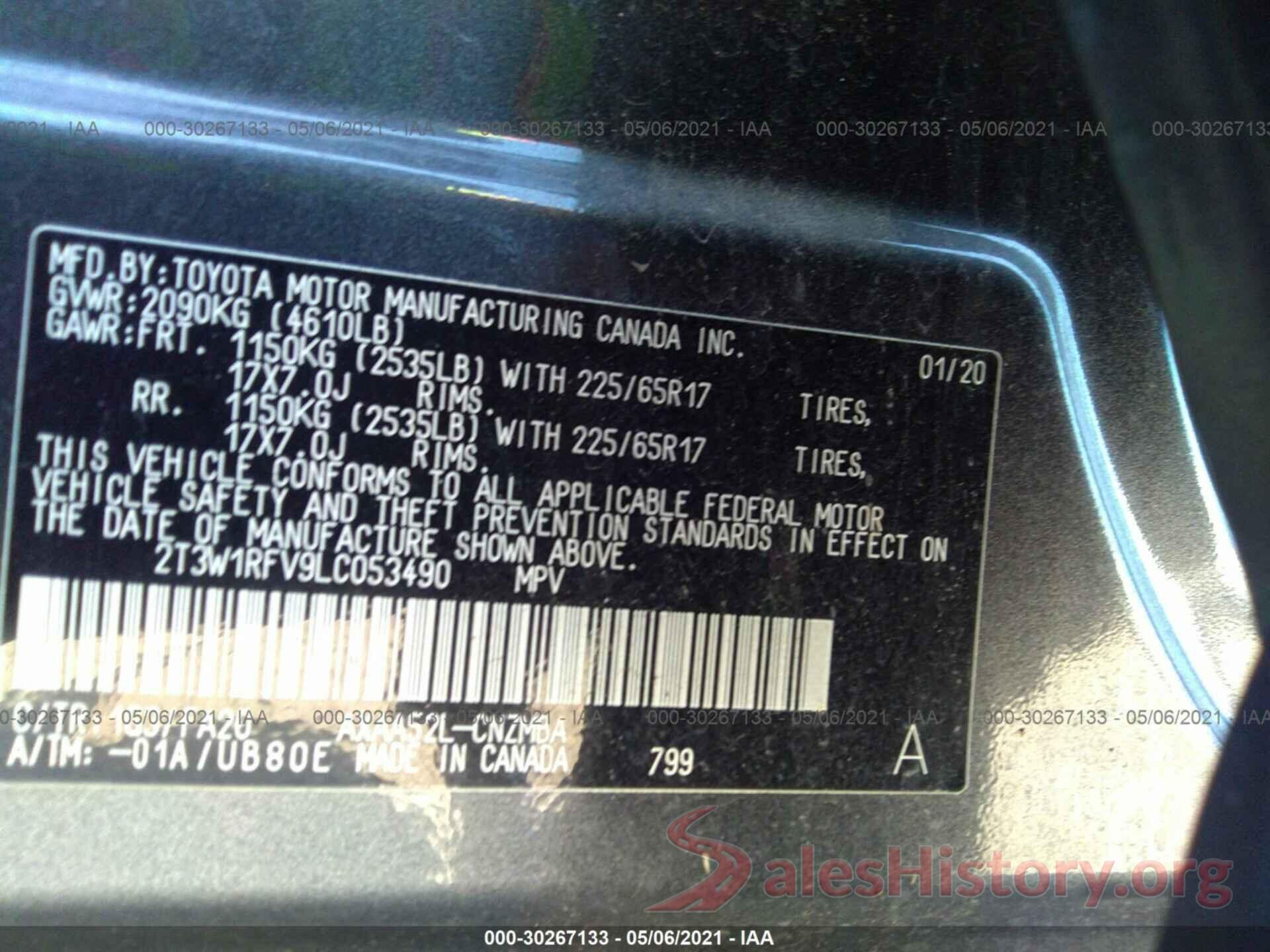 2T3W1RFV9LC053490 2020 TOYOTA RAV4