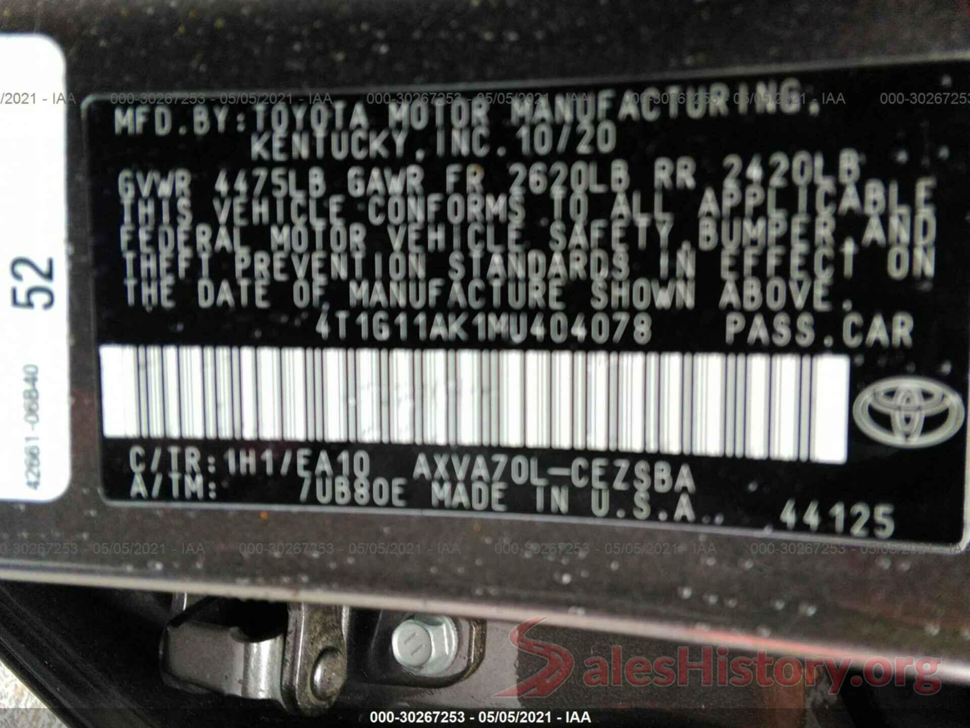 4T1G11AK1MU404078 2021 TOYOTA CAMRY