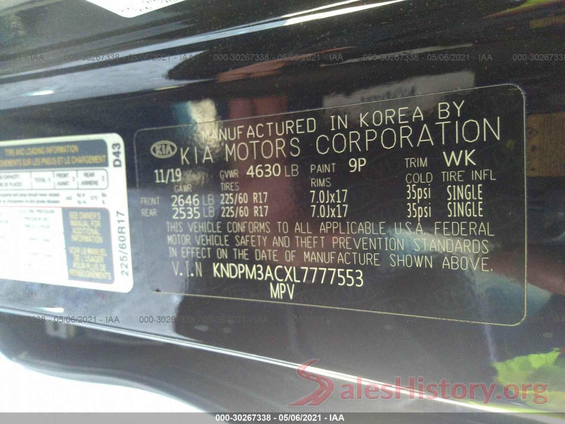 KNDPM3ACXL7777553 2020 KIA SPORTAGE