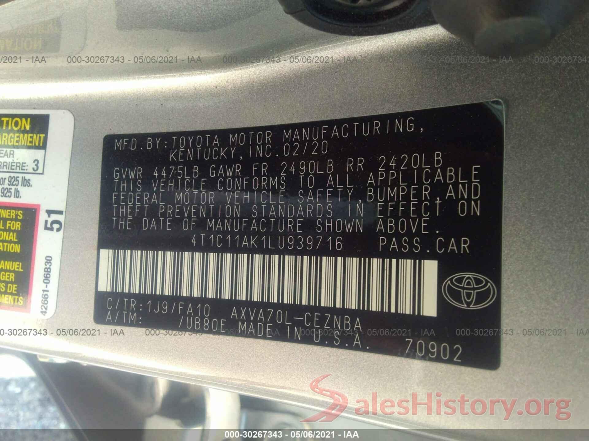 4T1C11AK1LU939716 2020 TOYOTA CAMRY