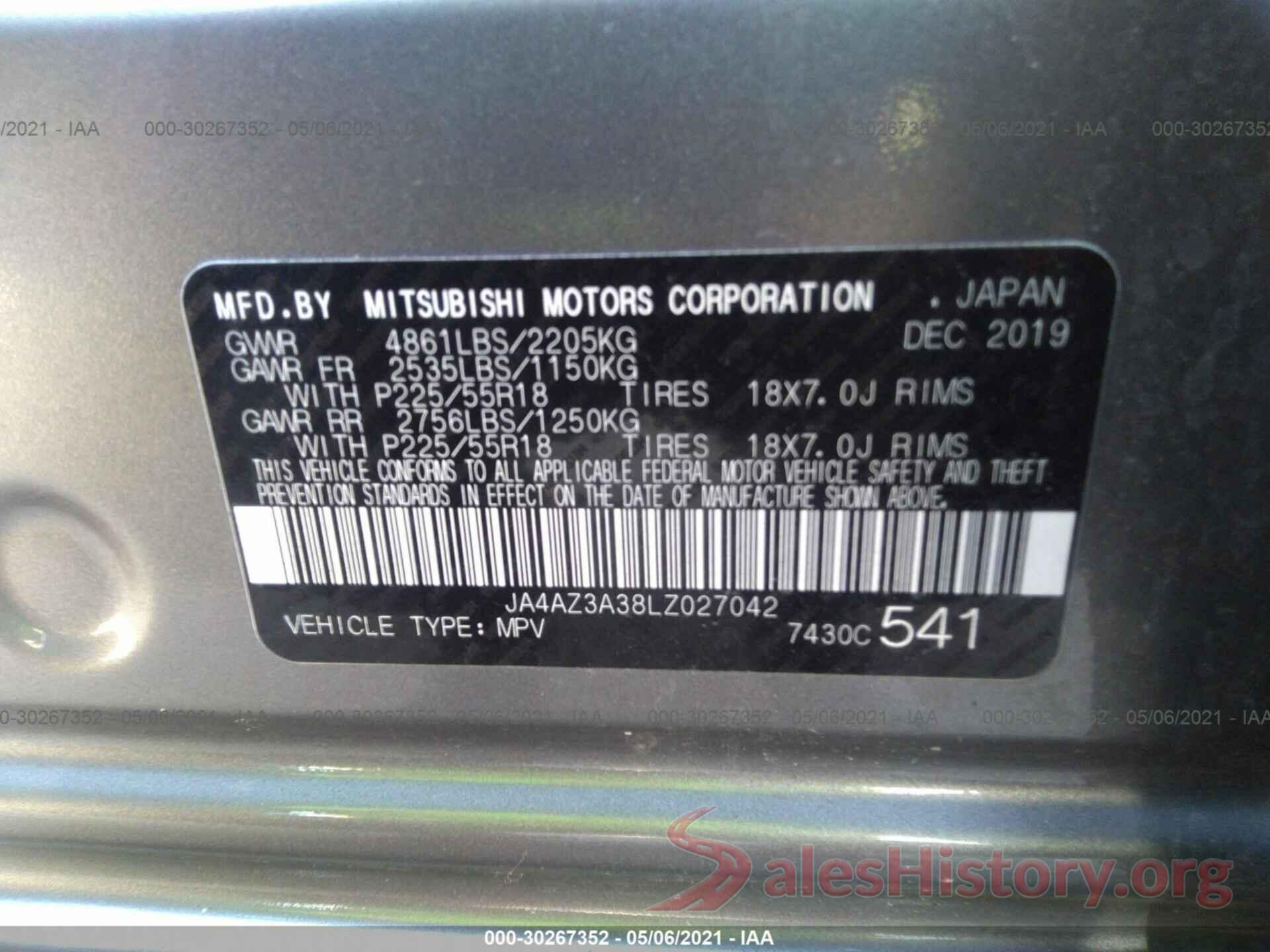 JA4AZ3A38LZ027042 2020 MITSUBISHI OUTLANDER