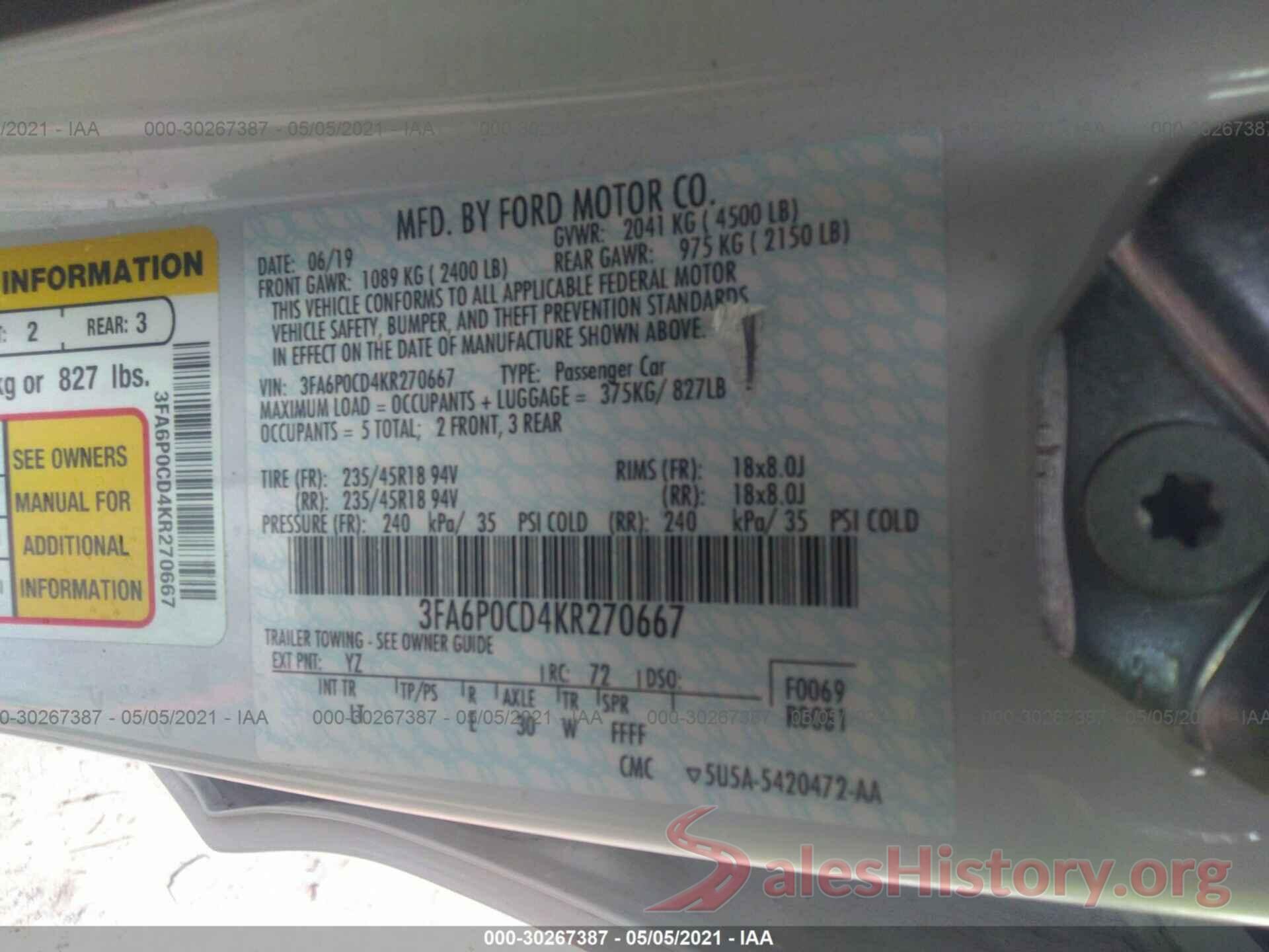 3FA6P0CD4KR270667 2019 FORD FUSION