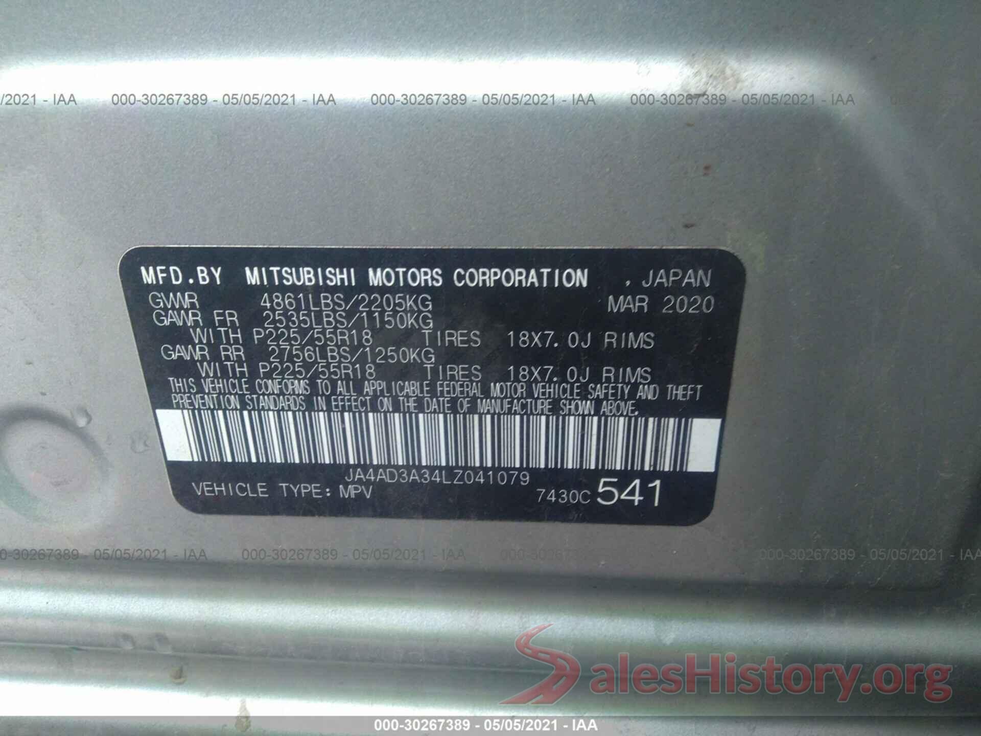 JA4AD3A34LZ041079 2020 MITSUBISHI OUTLANDER