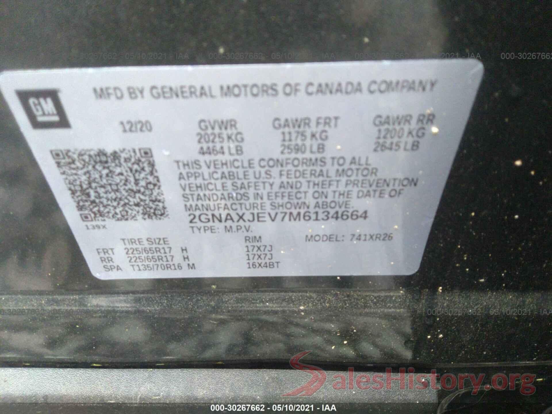 2GNAXJEV7M6134664 2021 CHEVROLET EQUINOX